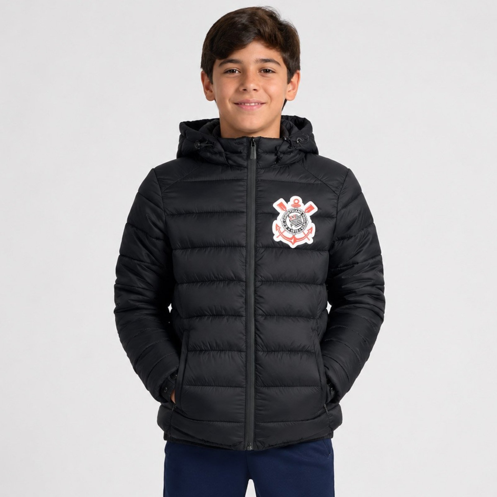 Jaqueta Corinthians Puffer com Capuz Juvenil Preta