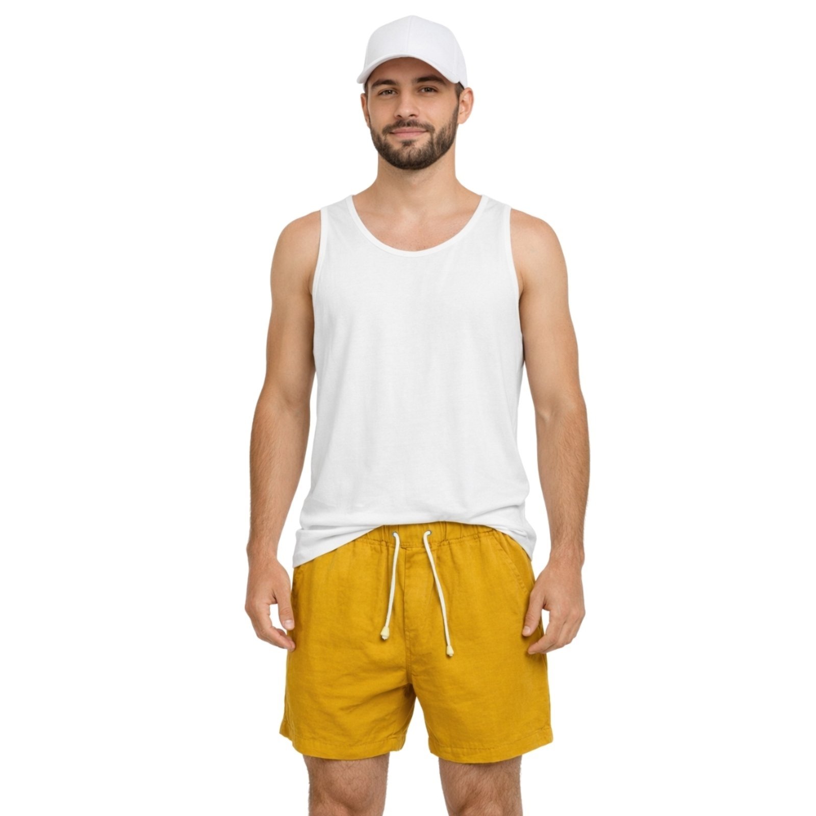 Conjunto Regata Short Linho e Boné 6 Painéis Premium Masculino Moda Praia Luxo