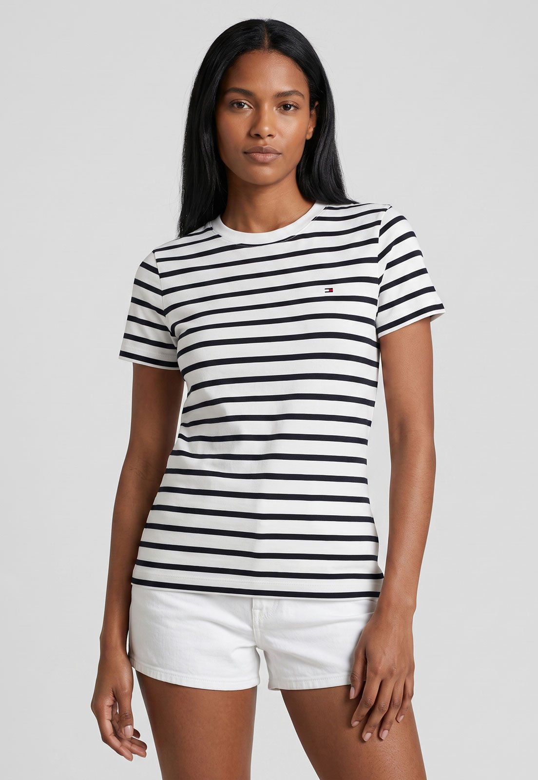 Camiseta Feminina Tommy Hilfiger New Slim Cody Listrada Branca