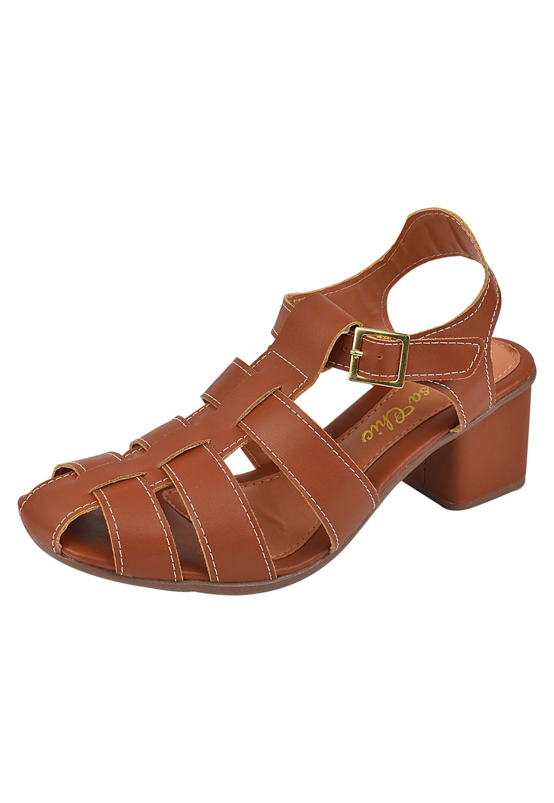 Sandália Salto Grosso Rosa Chic Calçados Feminino Salto Baixo Bloco Bonnie Fisherman Bico Quadrado Caramelo
