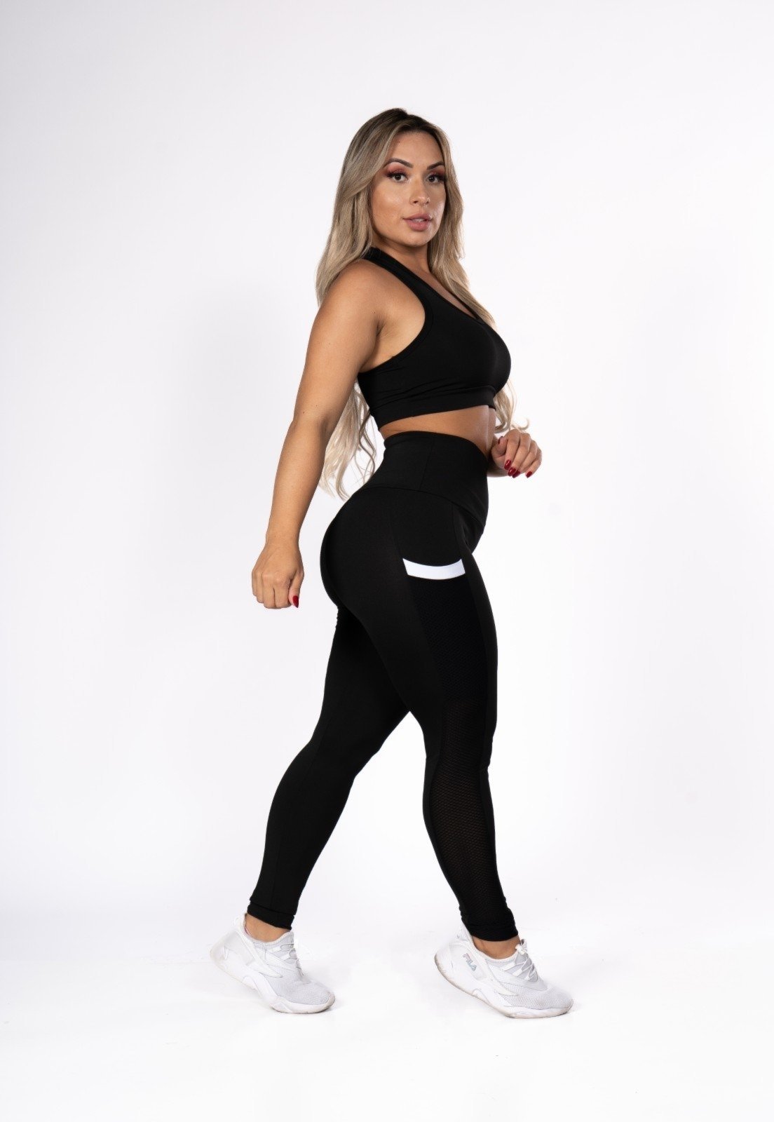 Calça Legging Fitness com Bolso Branco Academia Preta Preto