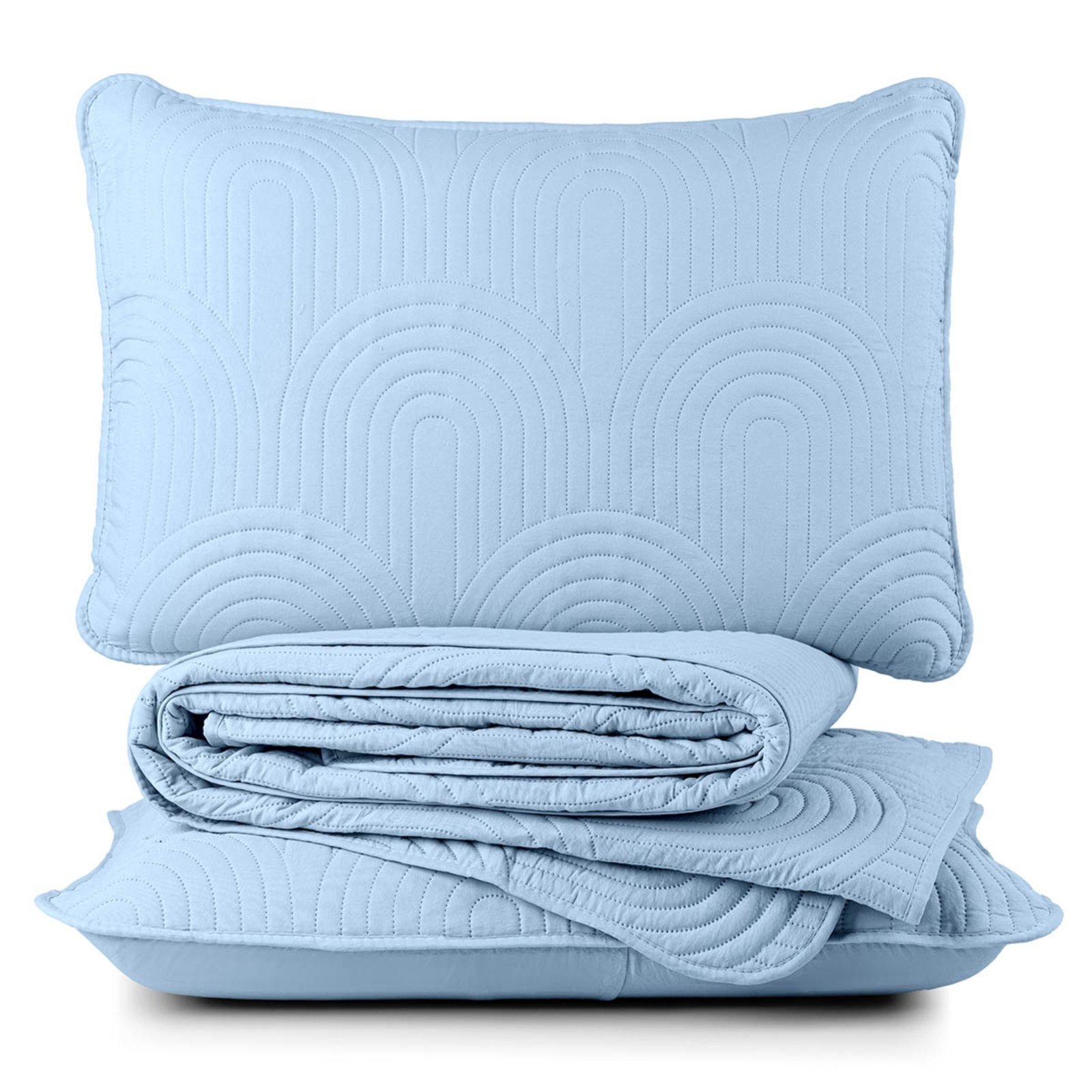 Kit Cobre Leito Colcha Casa Scarpa Arcos Queen Dupla Face Matelado 200 Fios 3 Peças Azul Claro