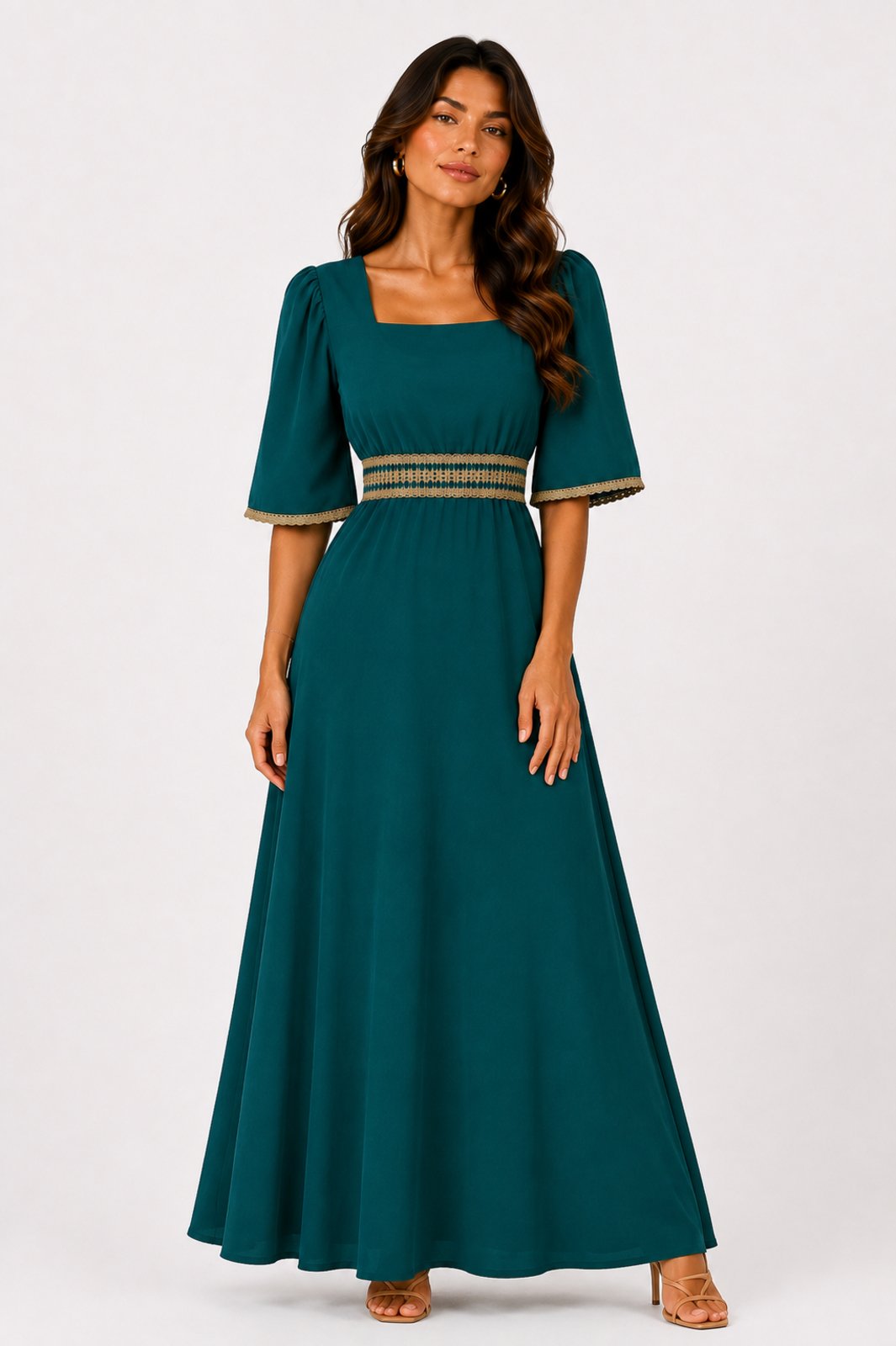 Vestido Longo D Bell Outlet Fashion Decote Quadrado Azul Petróleo