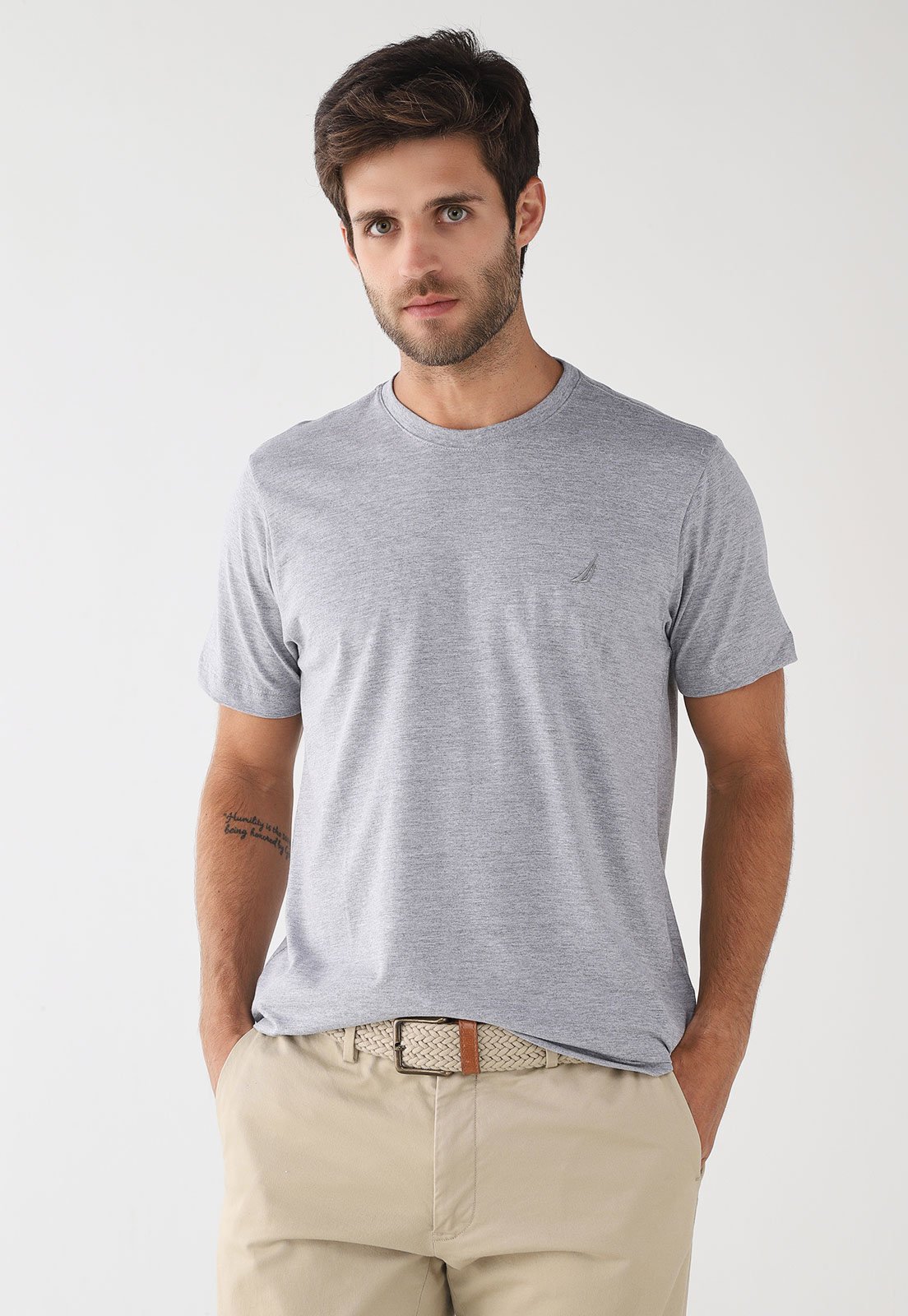 Camiseta Masculina Nautica Bordada Cinza Mescla