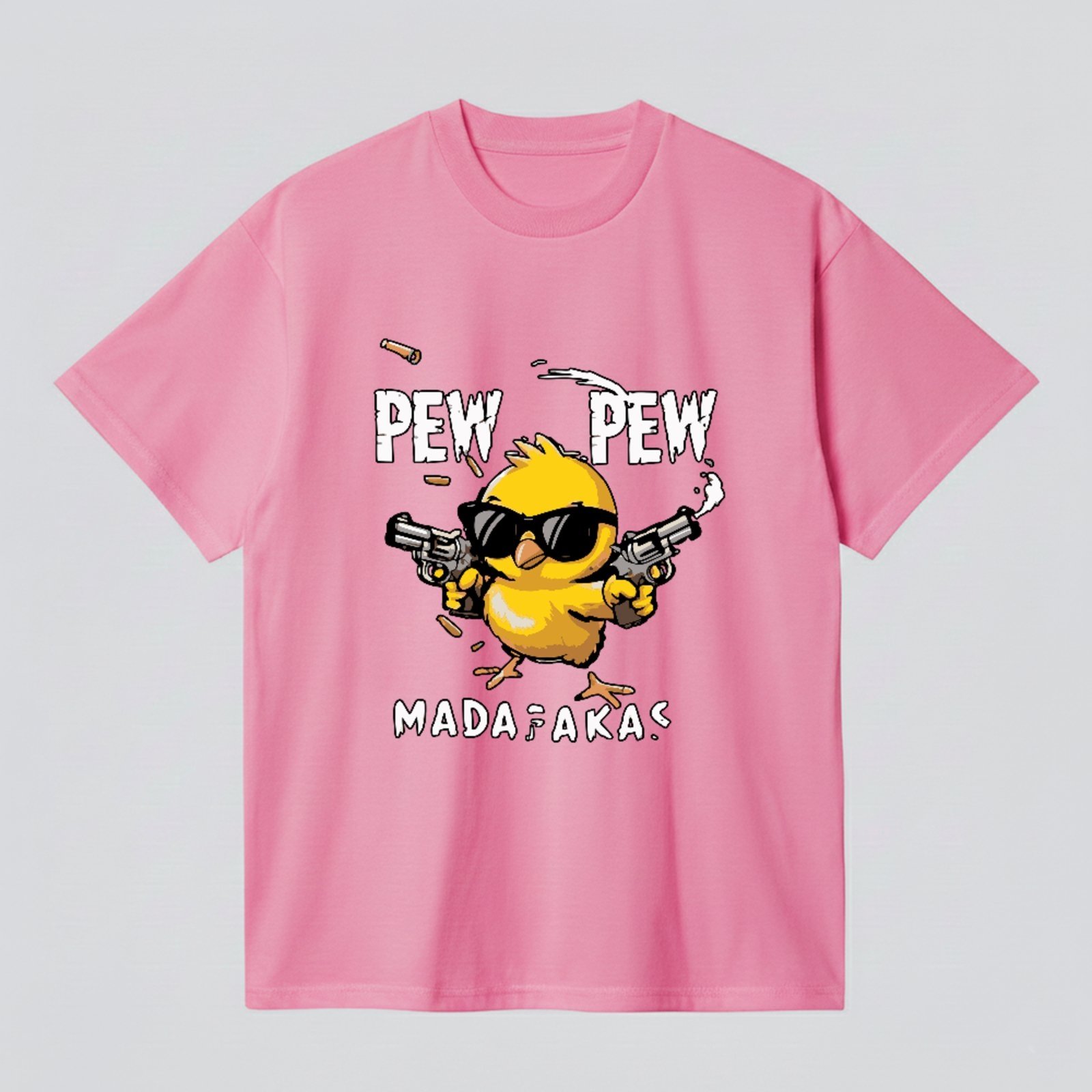 Camiseta Básica Pintinho Pew Pew Humor Madafaka Unissex Rosa