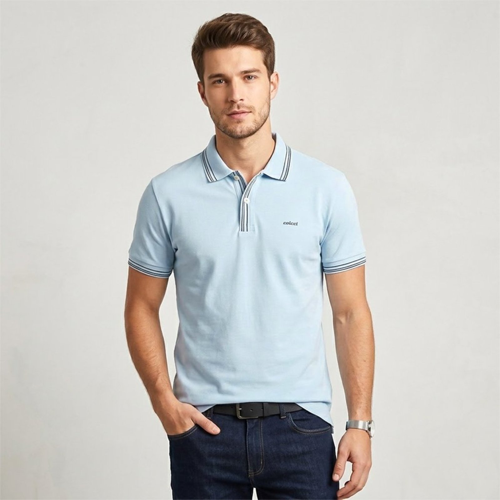 Camisa Polo Colcci Listras Desing In26 Azul Masculino