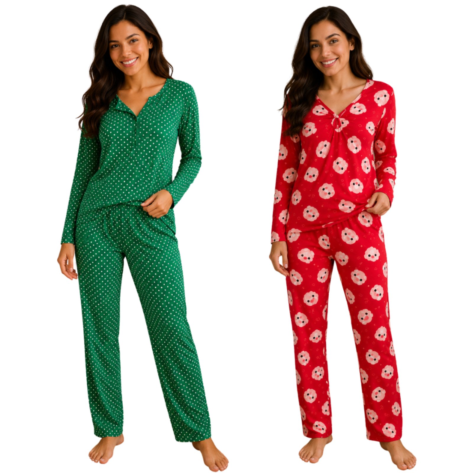 Kit 2 Conjunto Pijama Suede Longo Estampado Algodão Frio Inverno Feminino Conforto Quentinho