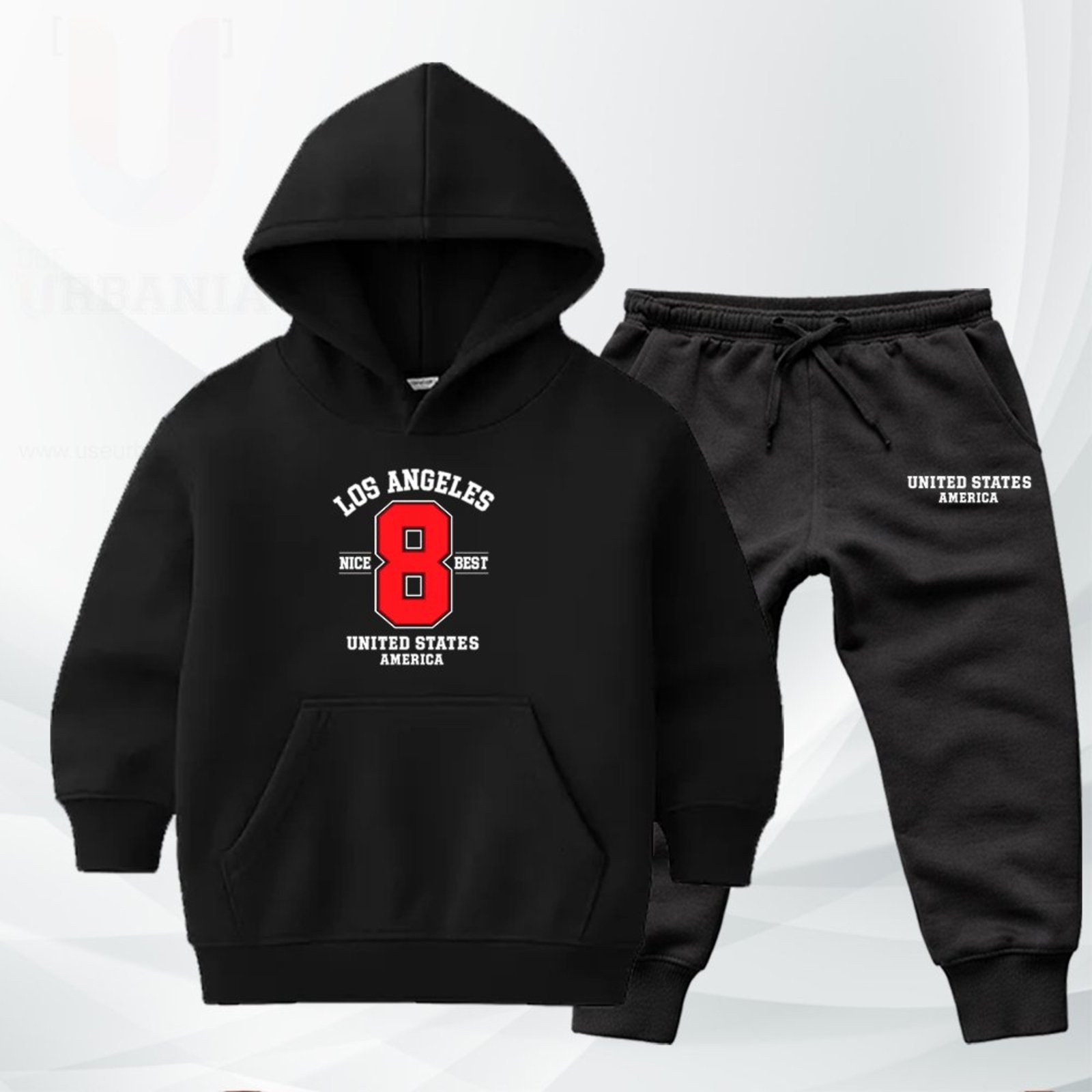 Infantil - Conjunto Moletom Urbania Moleton escola Canguru Fechado com Bolso e Capuz Preto Mescla estampa Los Angeles Nice Best United states america