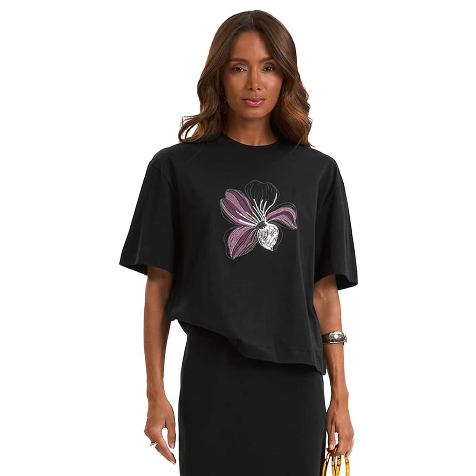 Vista 2 Camiseta Feminina Rovitex Estampa Flor Bordada preto Rovitex preto