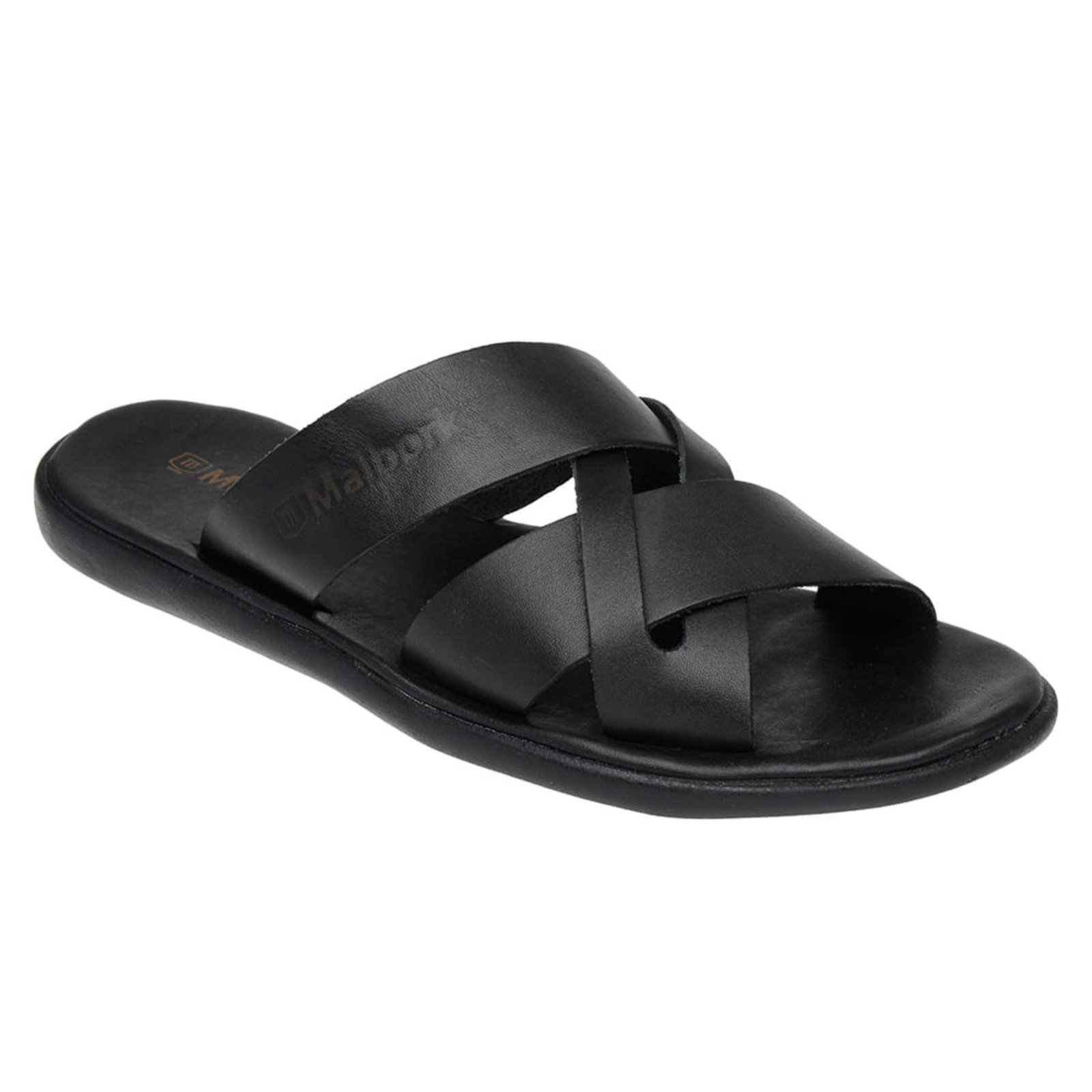 Chinelo Conforto Masculino Malbork Couro Preto Tiras Entrelaçadas
