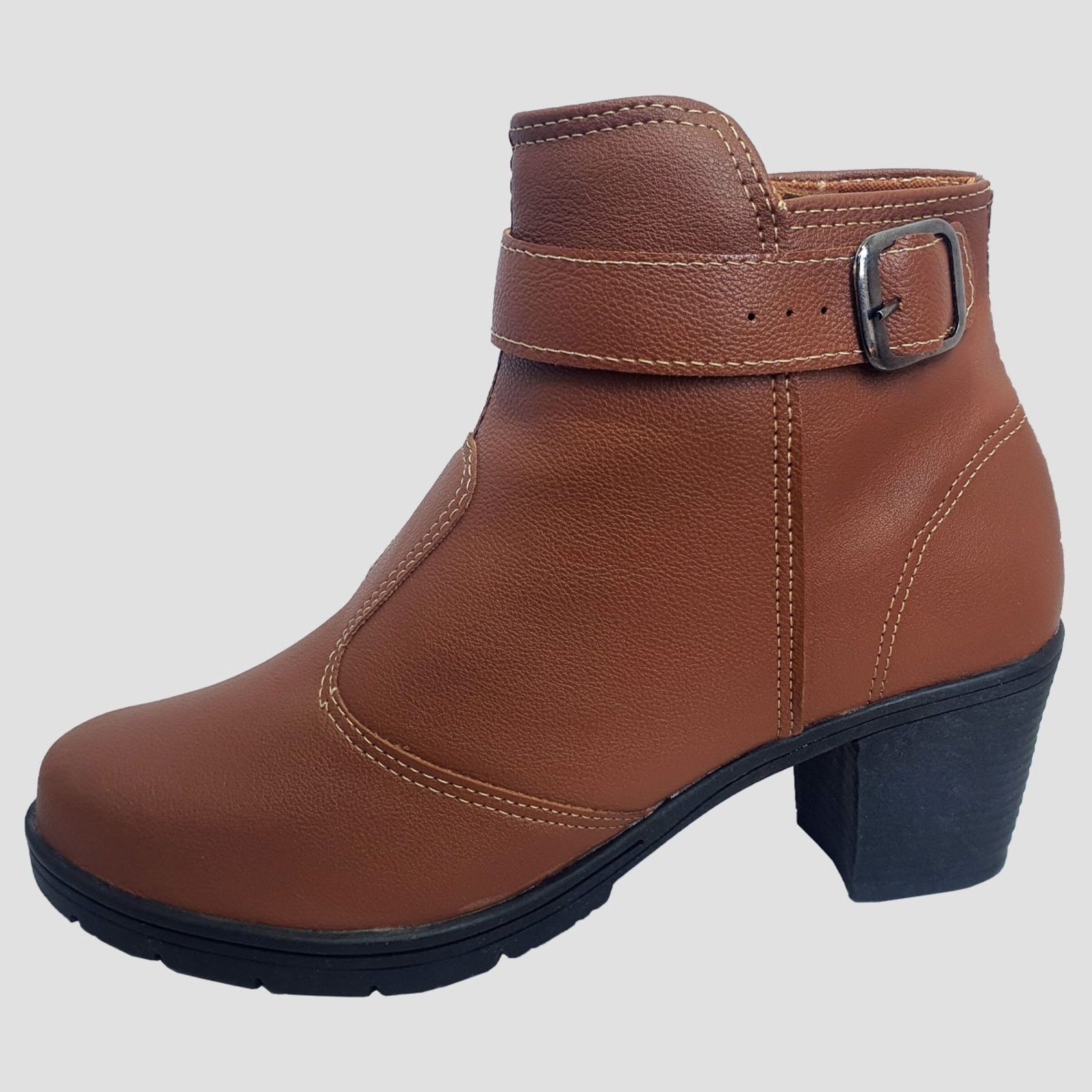 Bota Botinha Feminina Ankle Boots Fivela Cano Baixo Salto Alto Moda Pé Caramelo