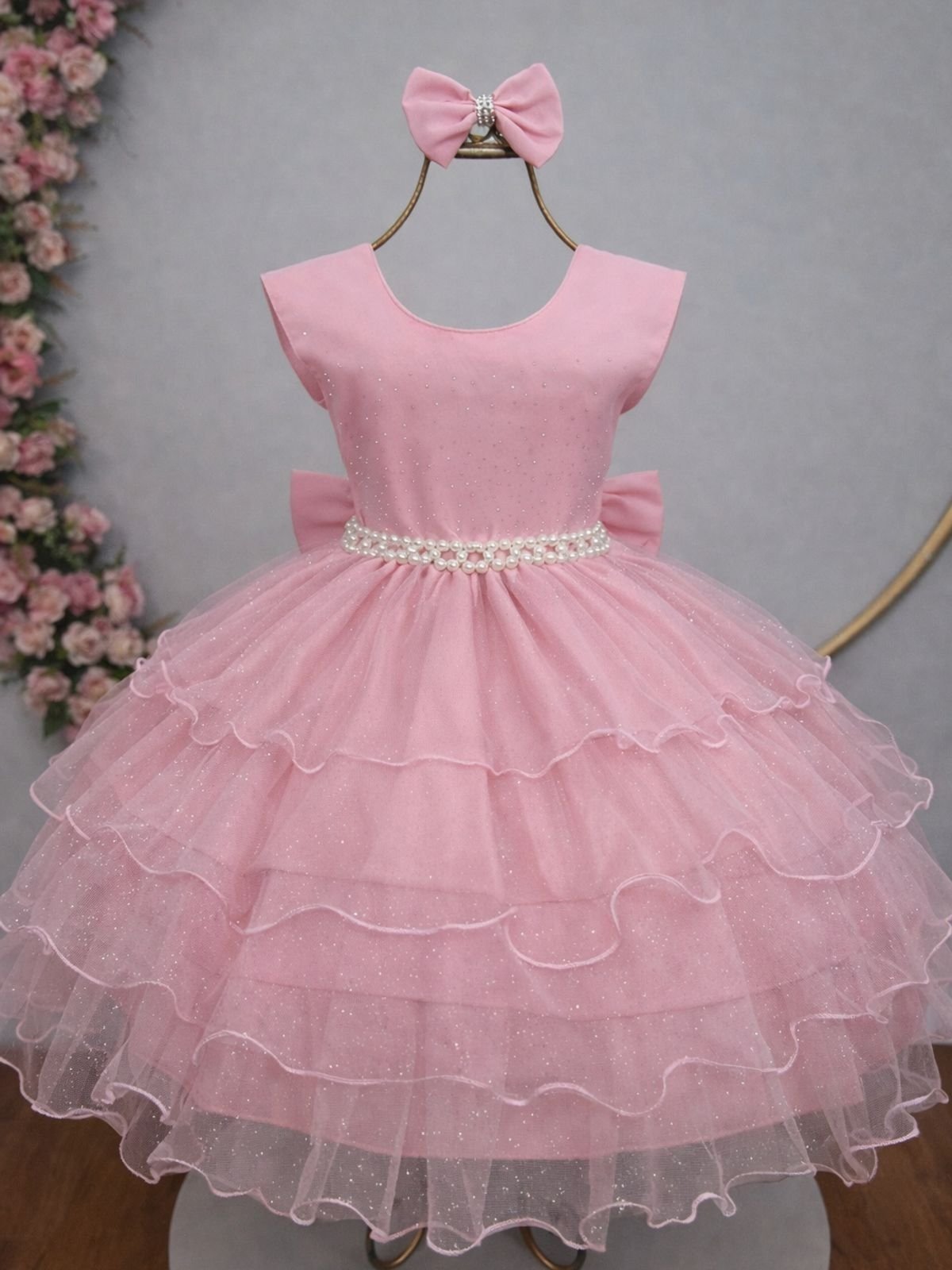 Infantil - Vestido Festa Rosa Rosé Nude Brilho Formatura Casamento Dama Daminha Social Menina Juvenil Pérolas Juvenil Princesa Rodado Florista Aniversário Luxo