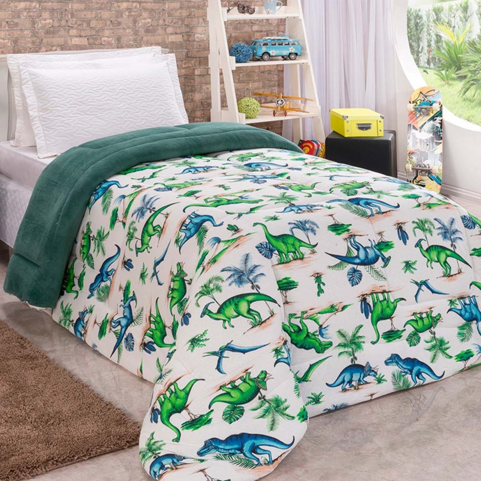 Edredom Casa Scarpa Diver Solteiro Malha Estampada 1 Peça - Dinossauro Verde