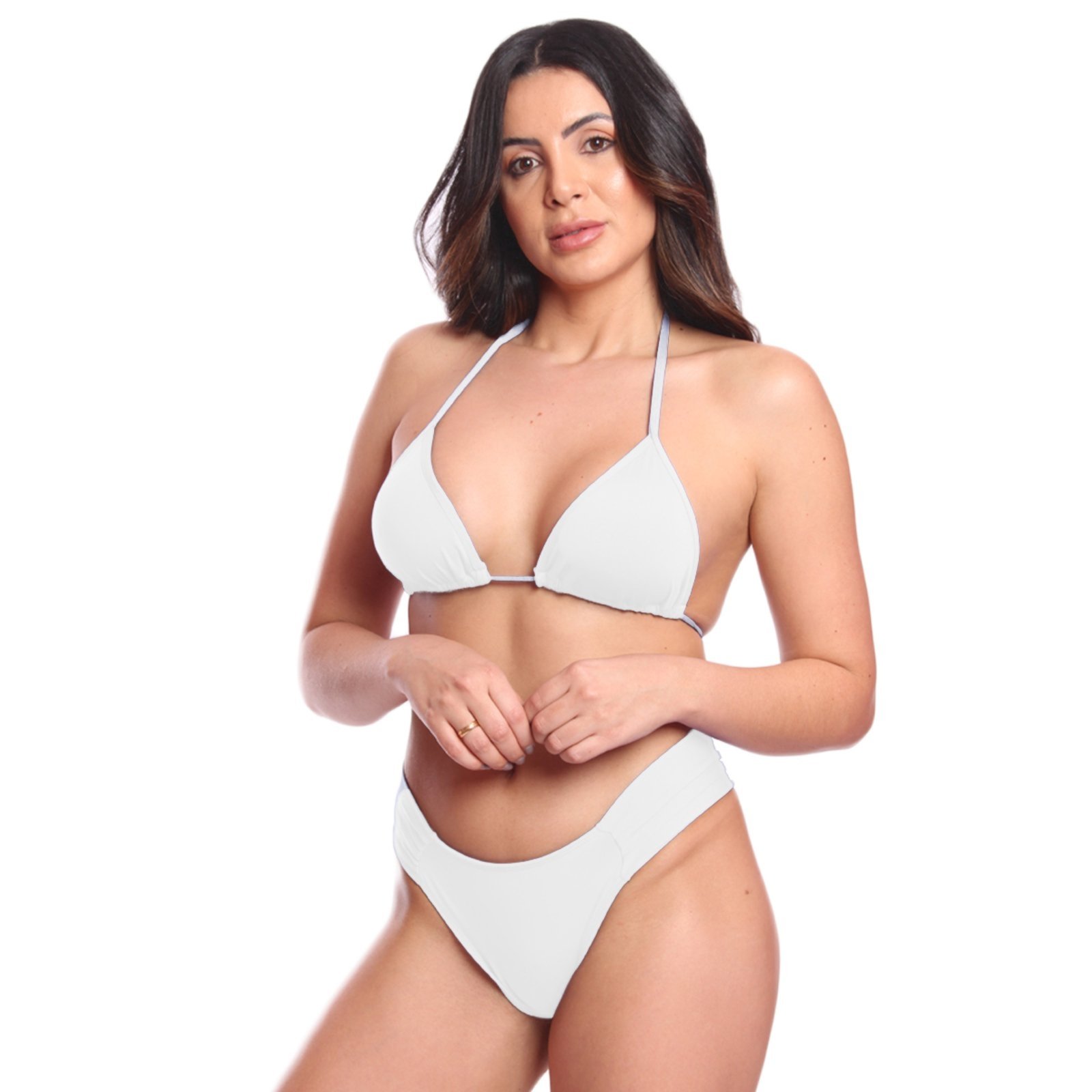 Conjunto Biquíni Feminino Cortininha Com Calcinha Tanga FMF Branco