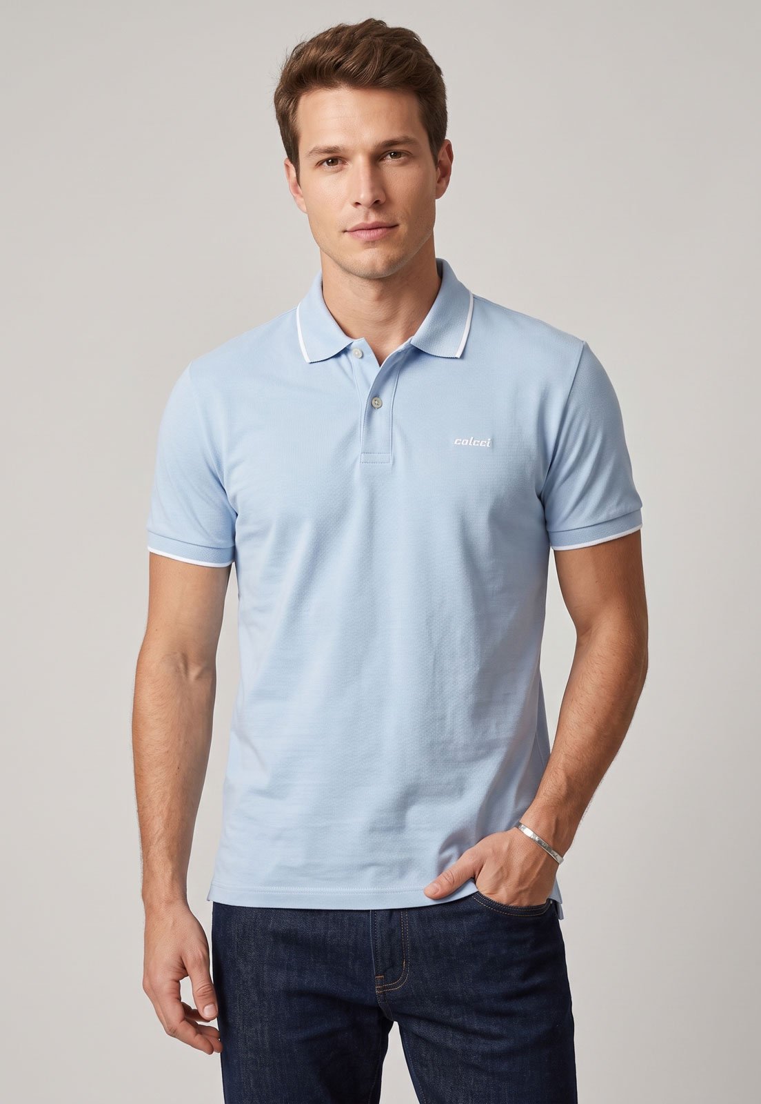 Polo Masculina Colcci Friso Azul Claro