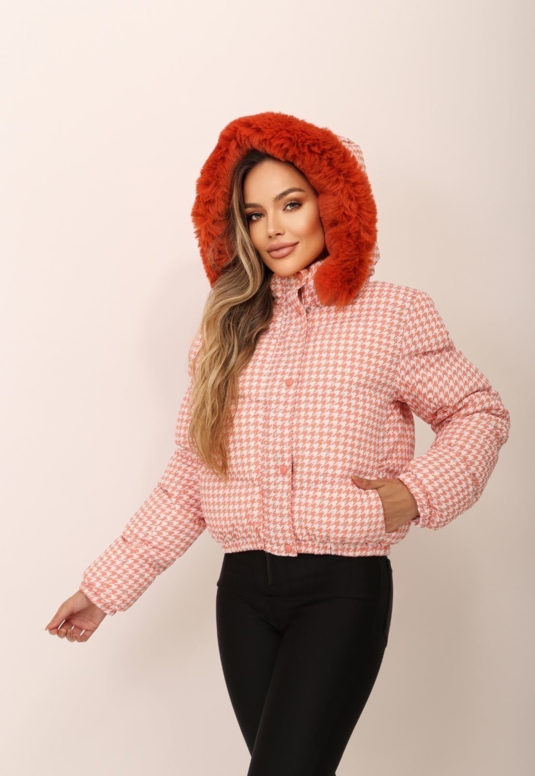 Jaqueta Puffer Xadrez Grossa Inverno Com Capuz Nathanny Cia do Vestido Vermelho