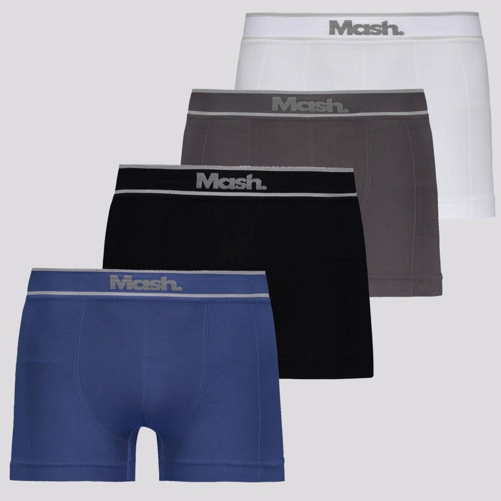 Kit 4 Cuecas Boxer Mash Sem Costura Branca, Cinza, Azul e Preta