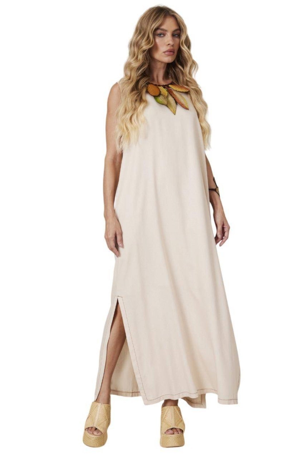 Vestido Regata Linho Midi Bege Yacamim E24/25 Liso – Bege