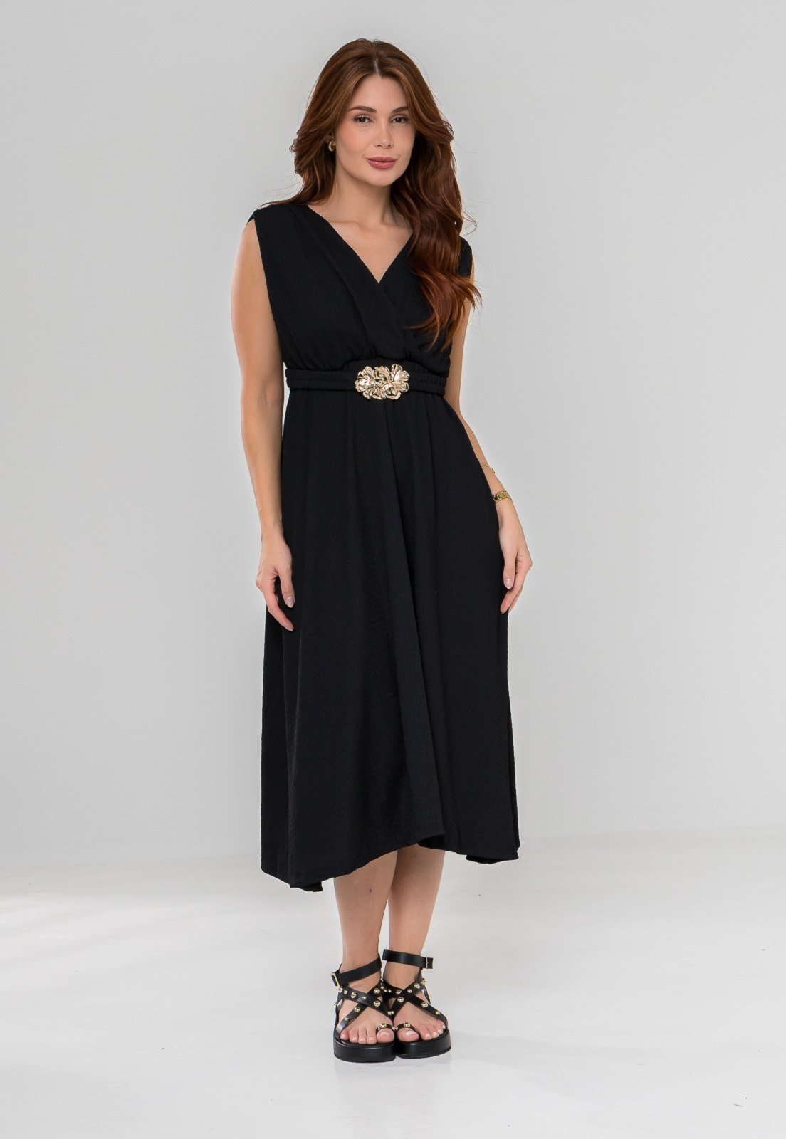 Vestido Aura Eva Cinto Malha Creponada Preto