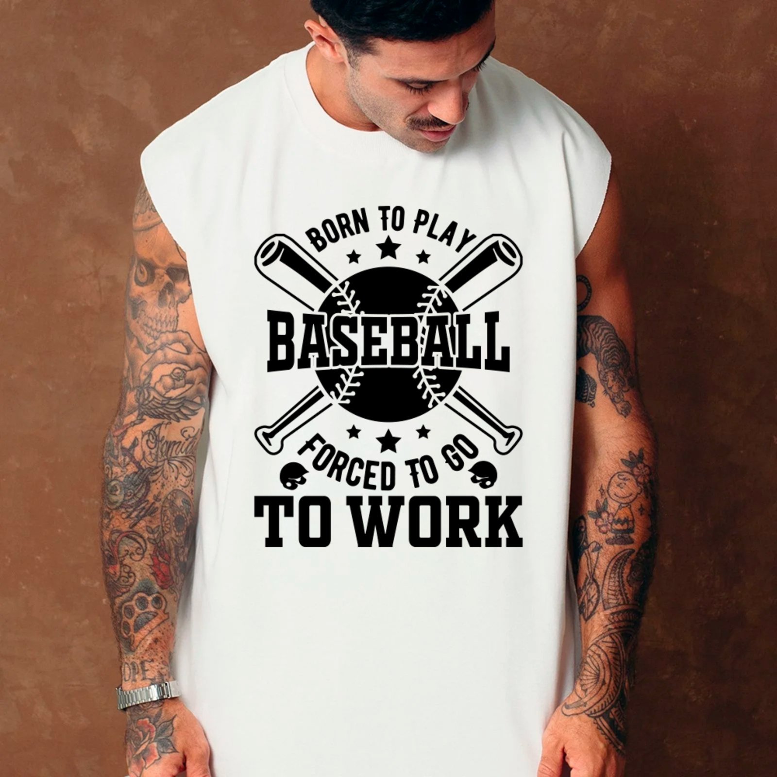 Camiseta Regata Machão Ousy Born to Play Baseball Forced To Work Oversized Masculina Branco