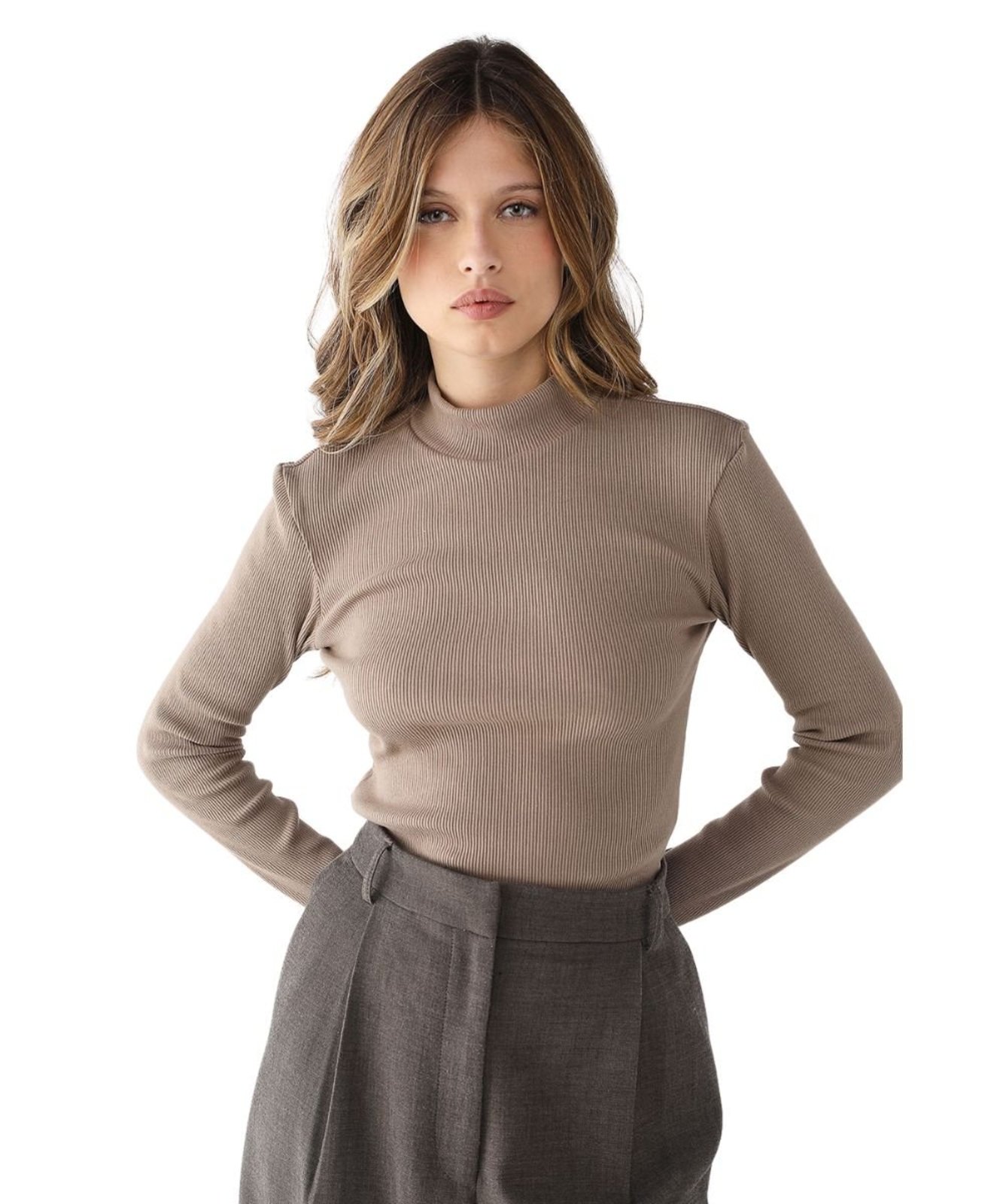 Blusa Feminina 77VS Levosch Manga Longa Ribana Algodão Premium Nude
