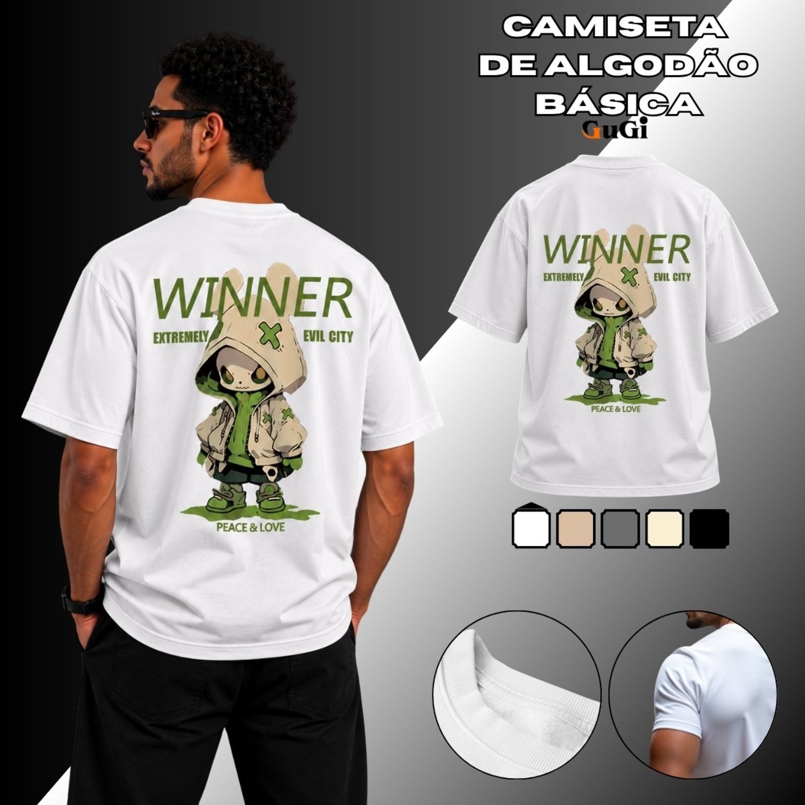 Camiseta Masculina Winner Peace & Love Coelho 100% Algodão 30.1 Branco