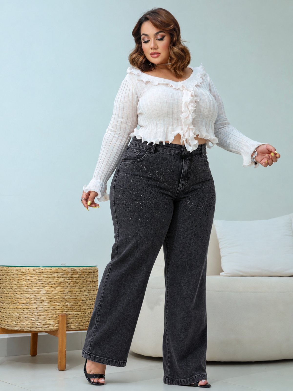 Calça Donna De Paula Wide Leg Jeans Grafite Com Brilhos Pretos Feminina Plus Size Cintura Alta Casual Festa