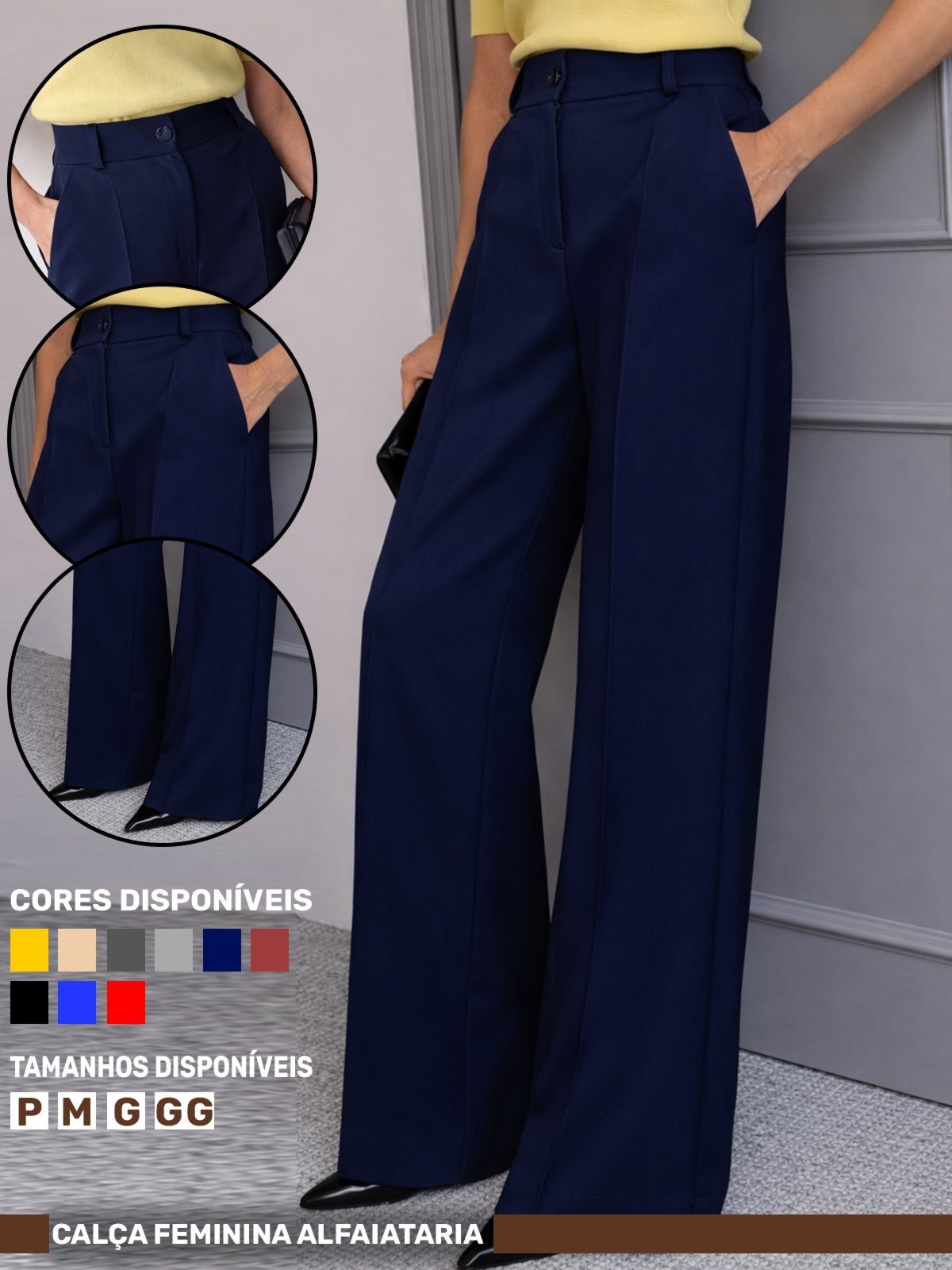 Calça Wide Leg Pantalona Alfaiataria Feminina Dra Maia Azul Marinho
