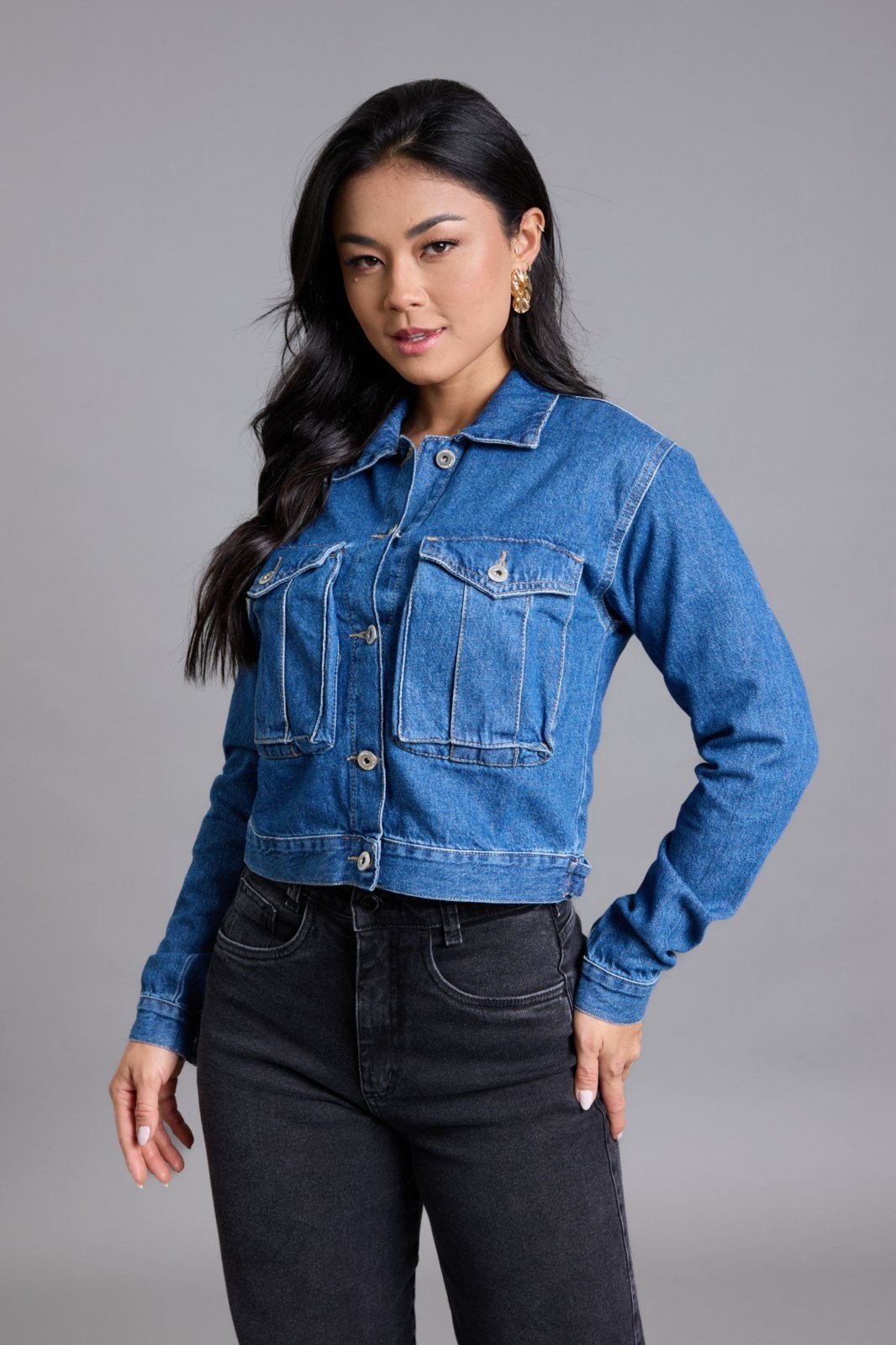 Jaqueta Jeans Cropped Feminina com Botões Lemier Collection Azul