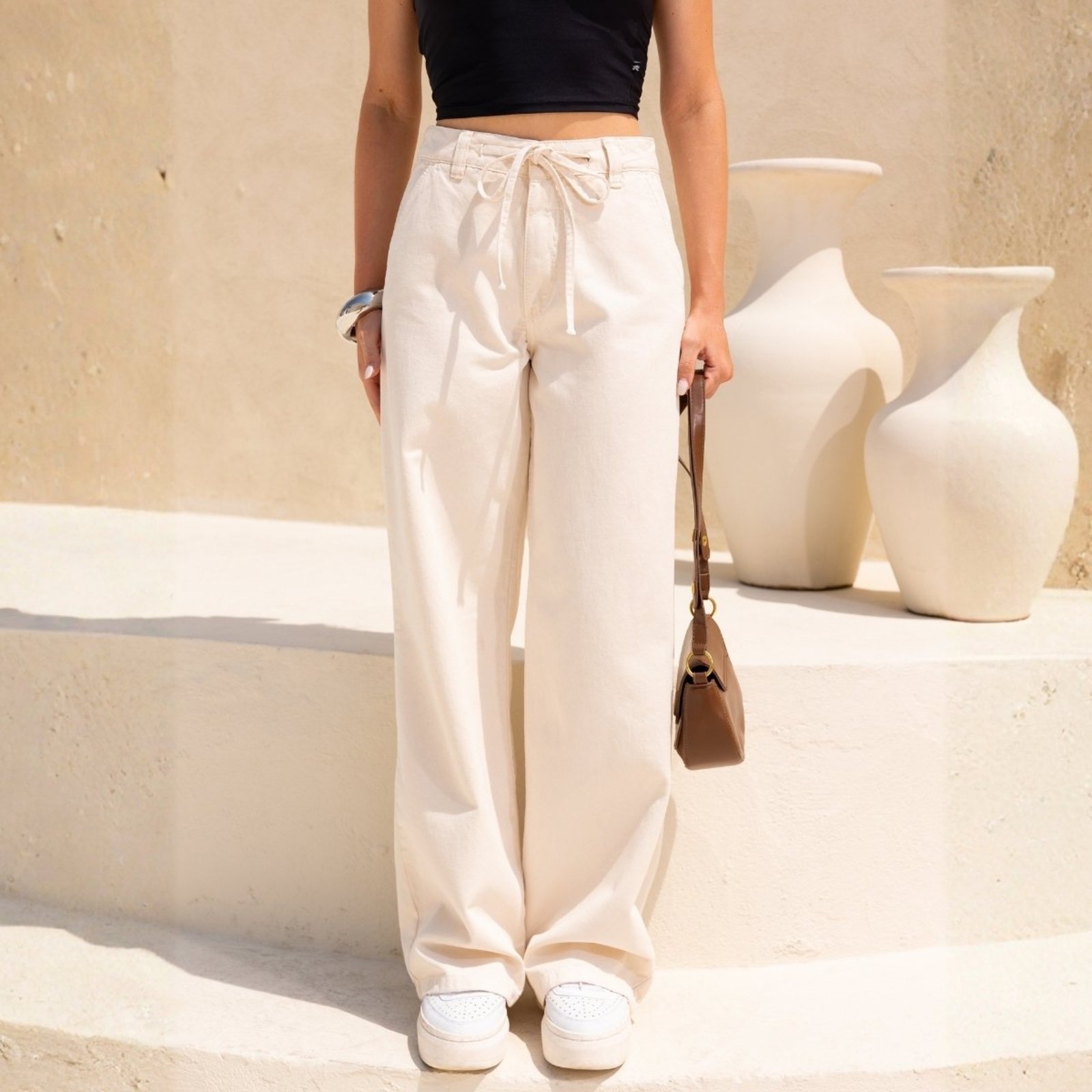 Calça Sarja Wide Leg Com Cordão Feminino Revanche Hélvios