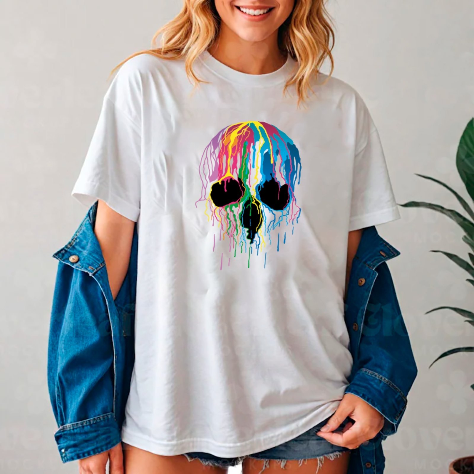 Camiseta Ousy Streetwear Caveira Multicolorida Oversized Unissex Branco