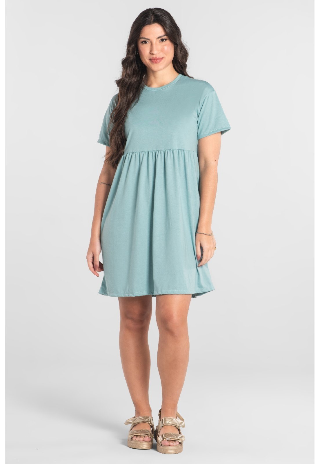 Vestido de Manga Curta em Algodão Just Basic Azul