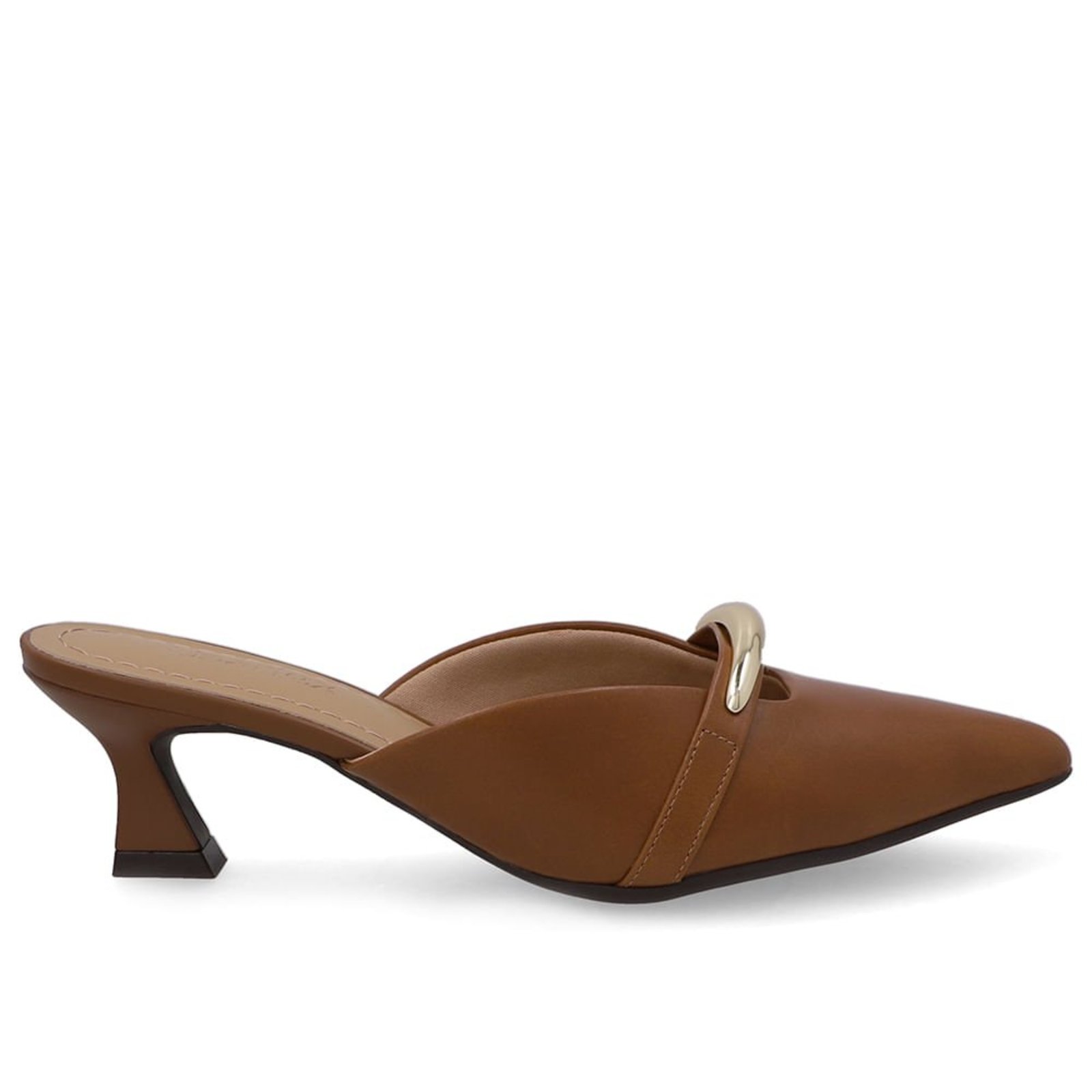 Mule De Couro Marrom Com Salto Kitten Heel E Enfeite Dourado