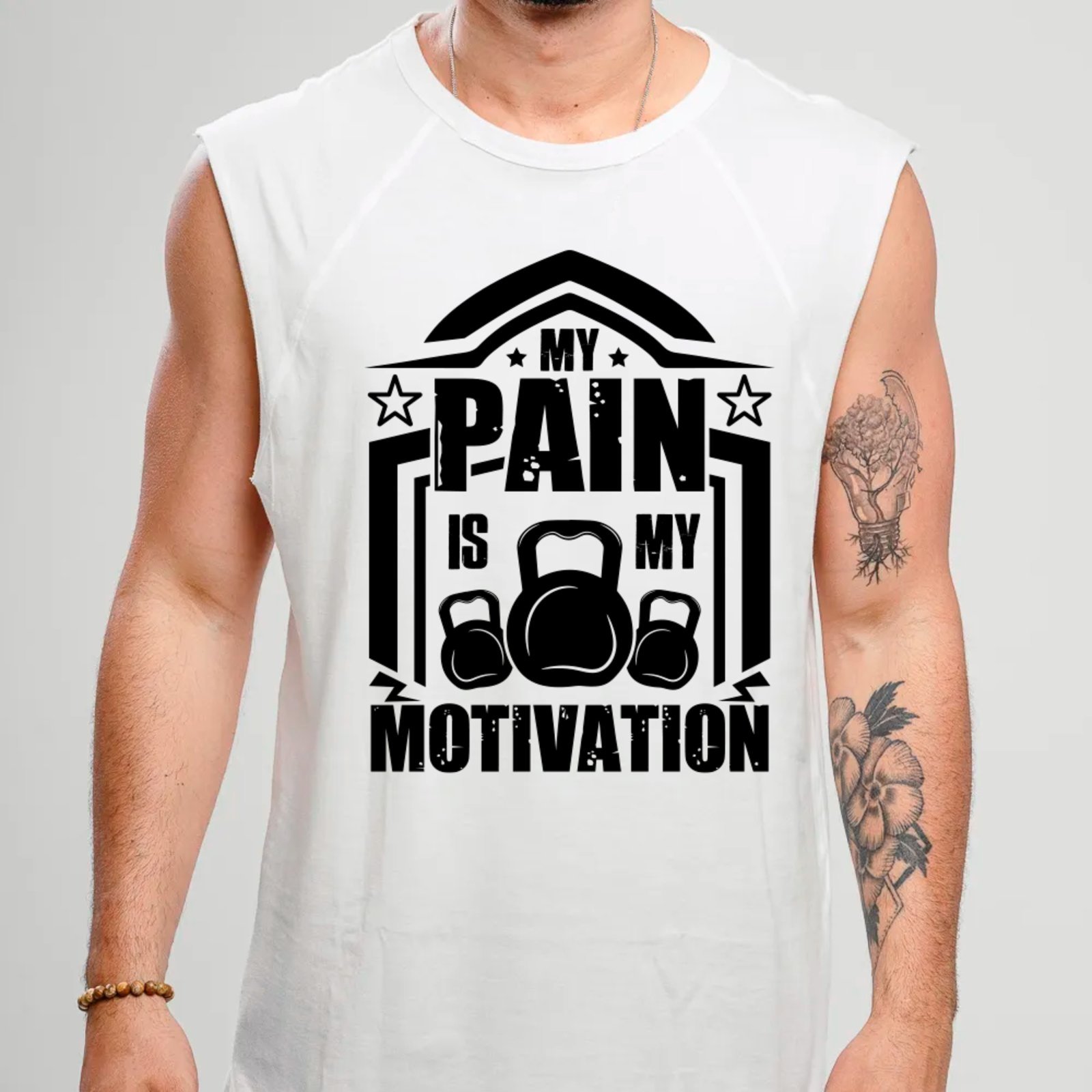 Camiseta Regata Machão Ousy My Pain Is My Motivation Academia Oversized Masculina Branco