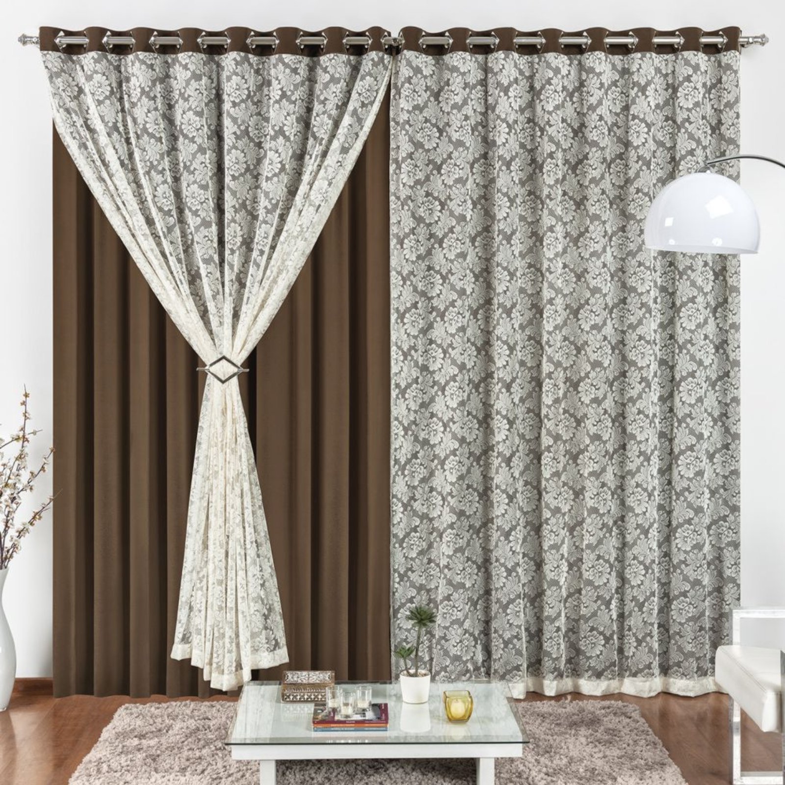 Cortina 2 Mts Sala Quarto Malha Renda para Trilho Suisso Baratissima Tabaco - 100% Poliéster
