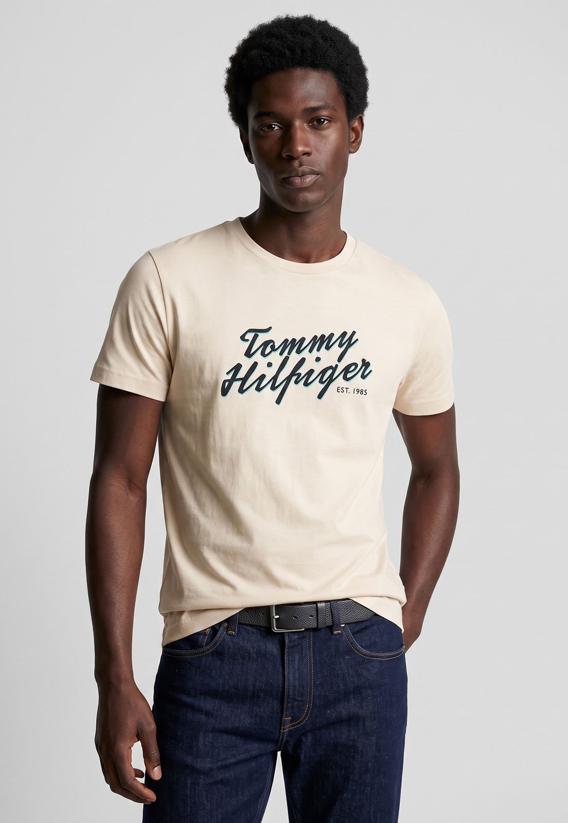 Camiseta Masculina Tommy Hilfiger Logo Algodão Off-White