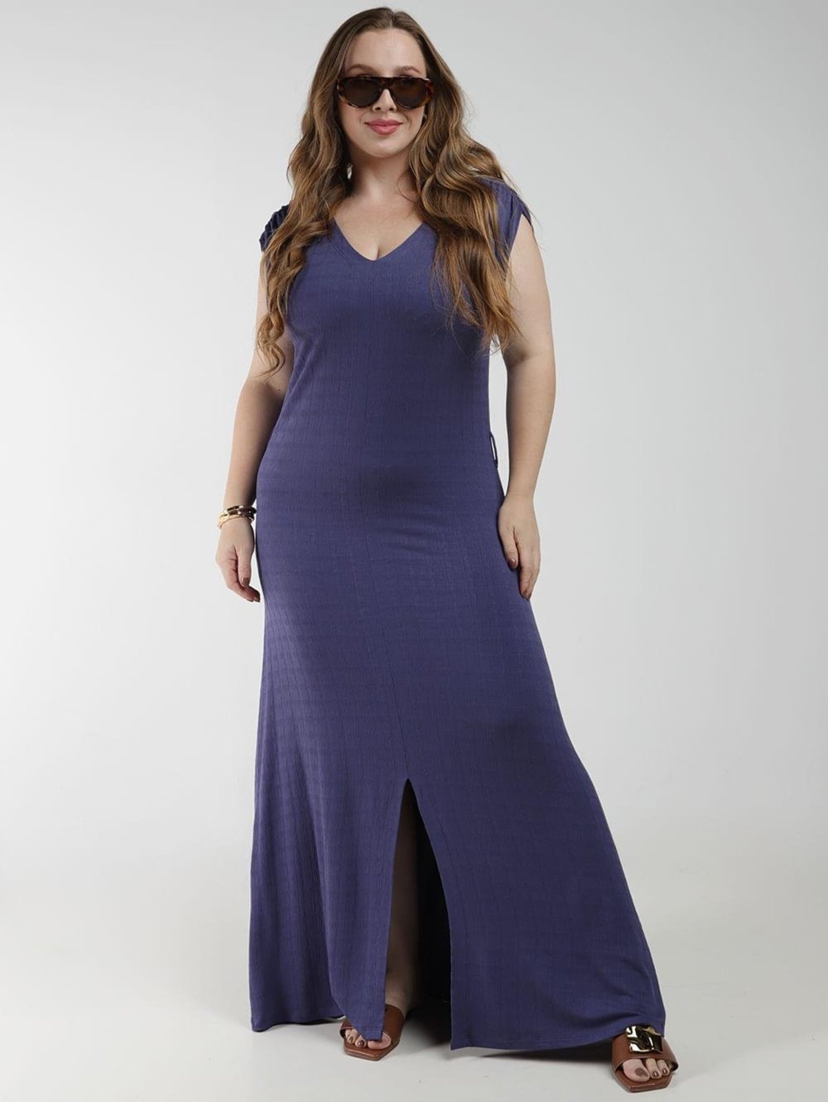 Vestido Malha Cinto Autentique Plus Size Feminino AZUL