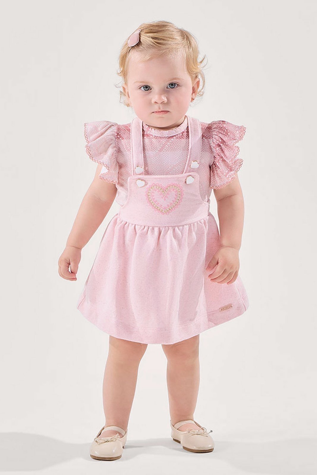 Infantil - Conjunto Body Rosa Texturizado com Salopete em Moletinho