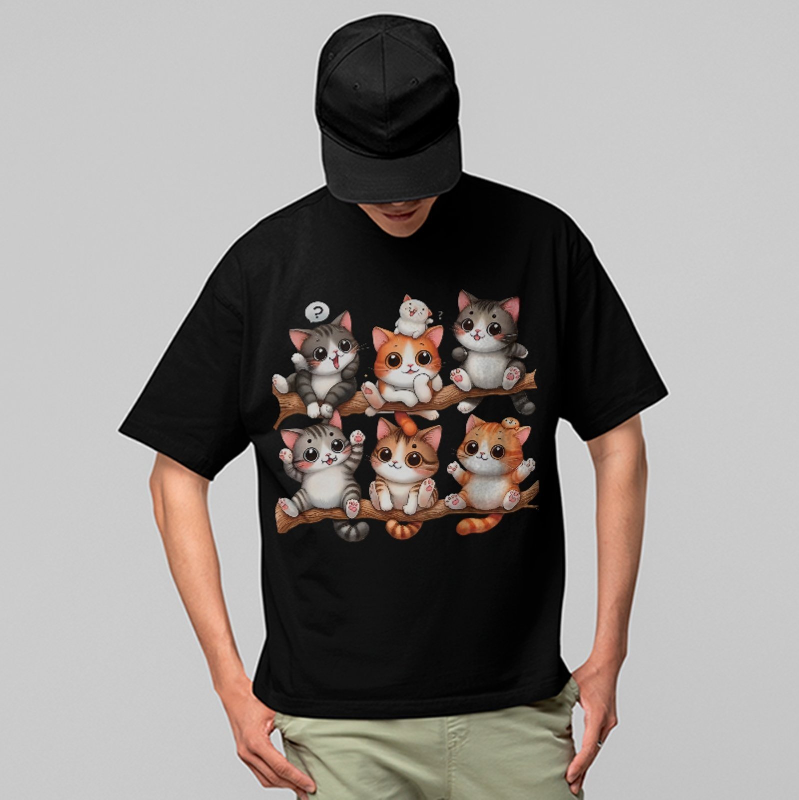 Camiseta Oversized Estampa Gatos Fofos Cartoon Casual Unissex Preto