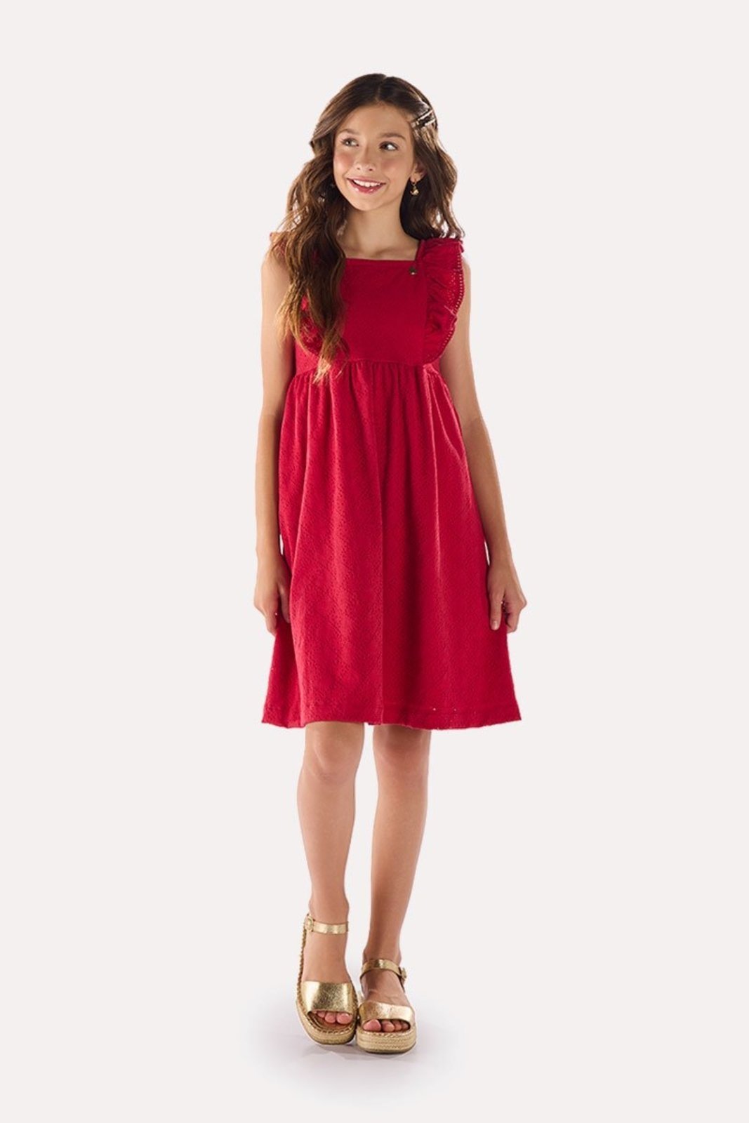 Infantil - Vestido Laise com Babados Vermelho