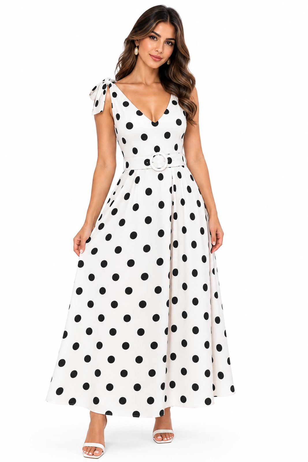 Vestido Midi D Bell Outlet Fashion Poá com Cinto Branco