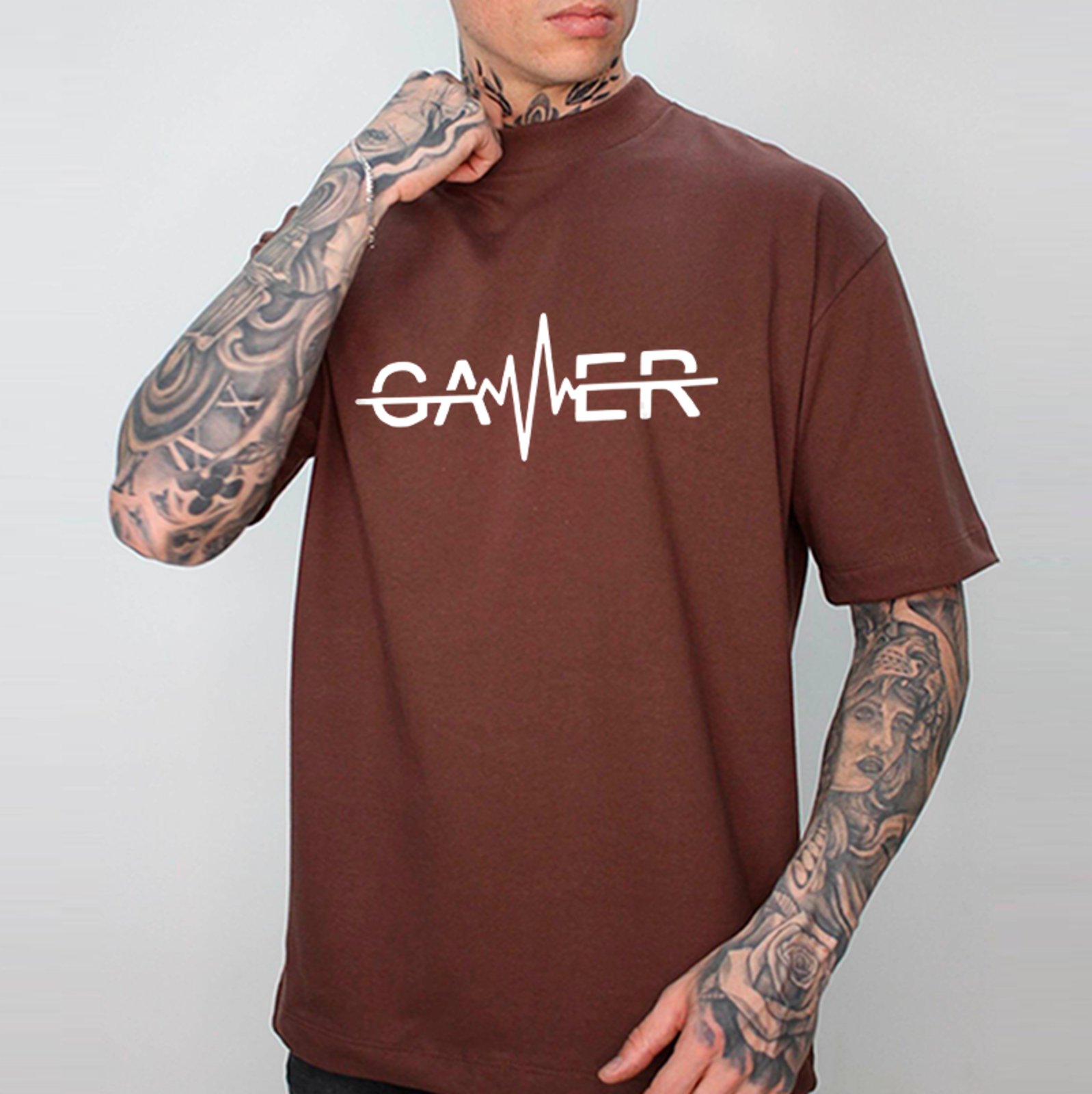 Camiseta Oversized Gamer Heartbeat Pulse Estilo Nerd Geek Style Unissex Marrom