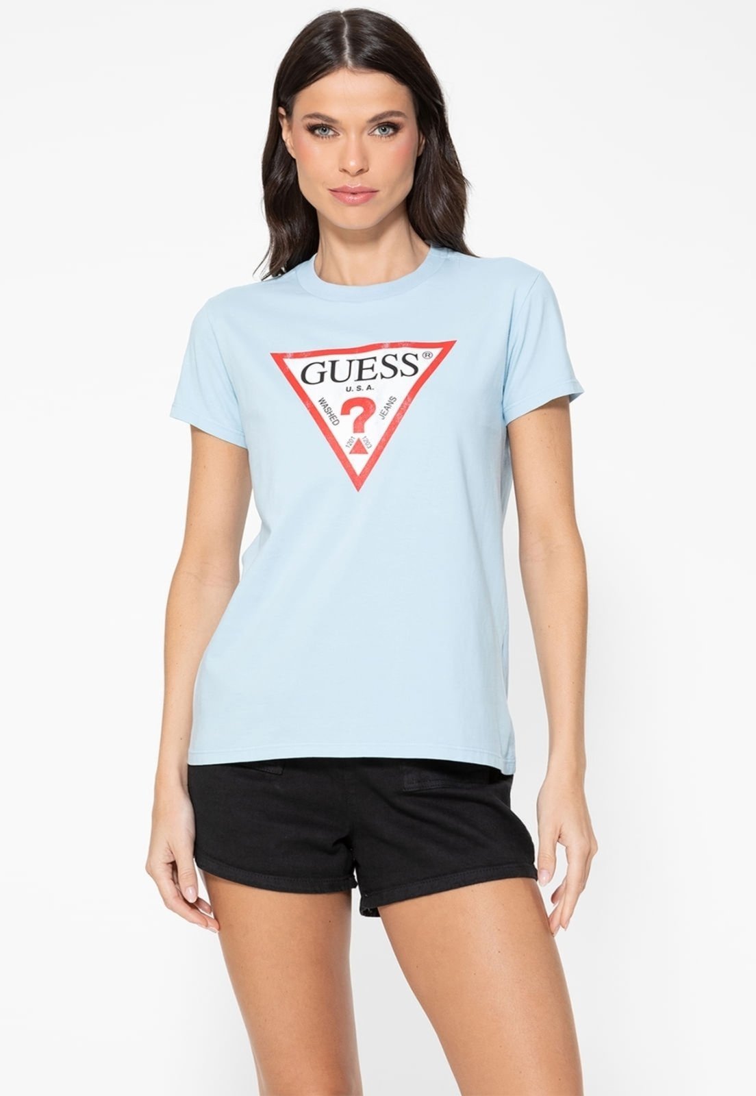 Camiseta Guess Triang Trad Desgastado Azul Claro