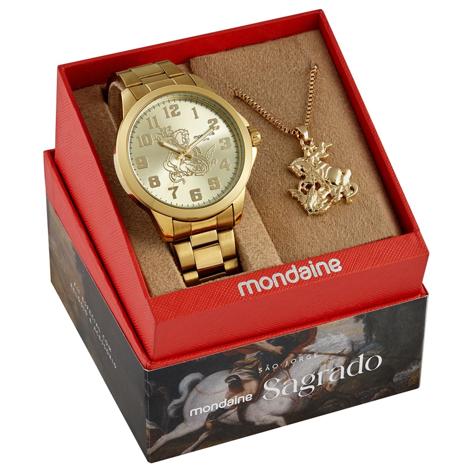 Kit Relógio Masculino Dourado São Jorge Mondaine