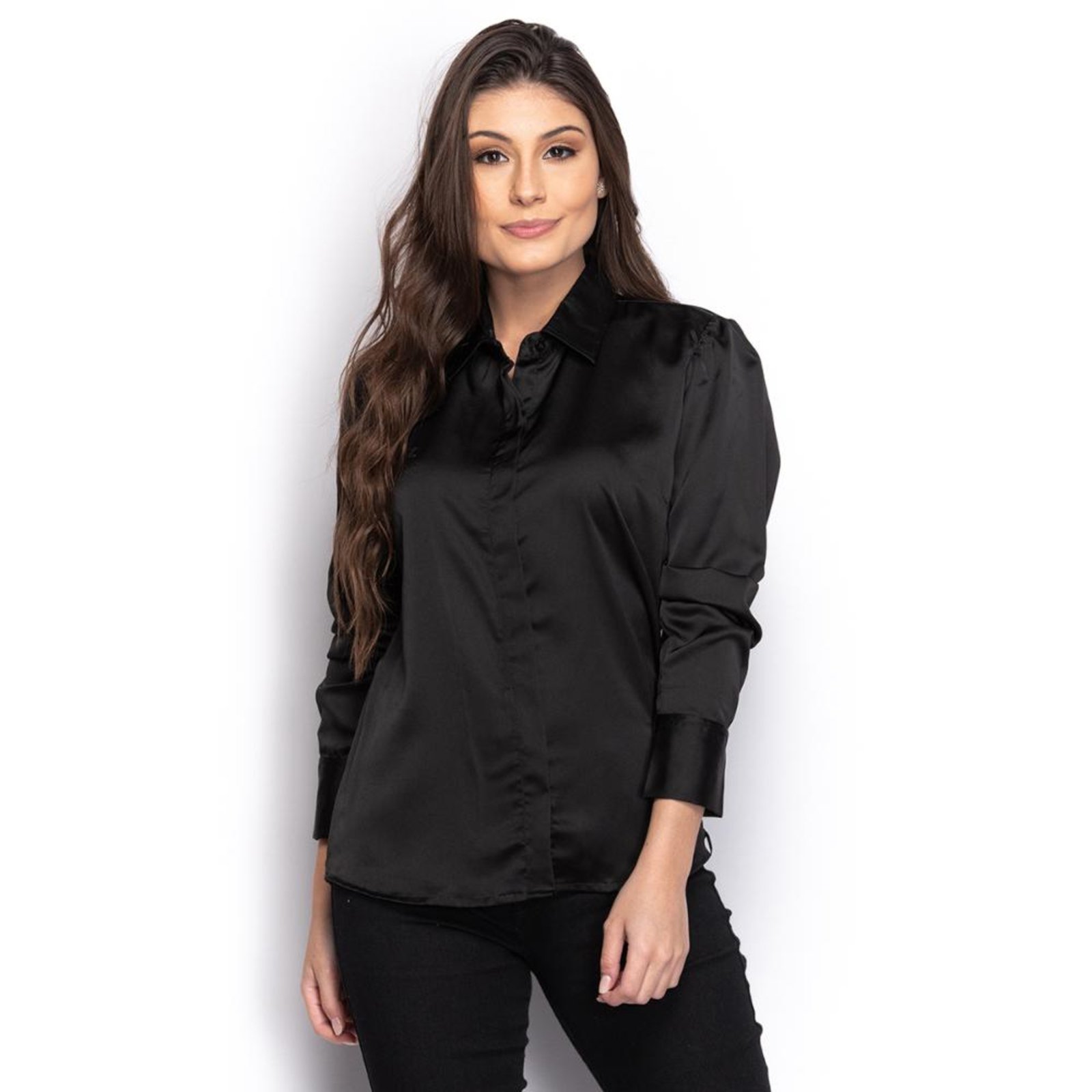 Camisa Camisete Social Feminina Manga Longa Casual Preto