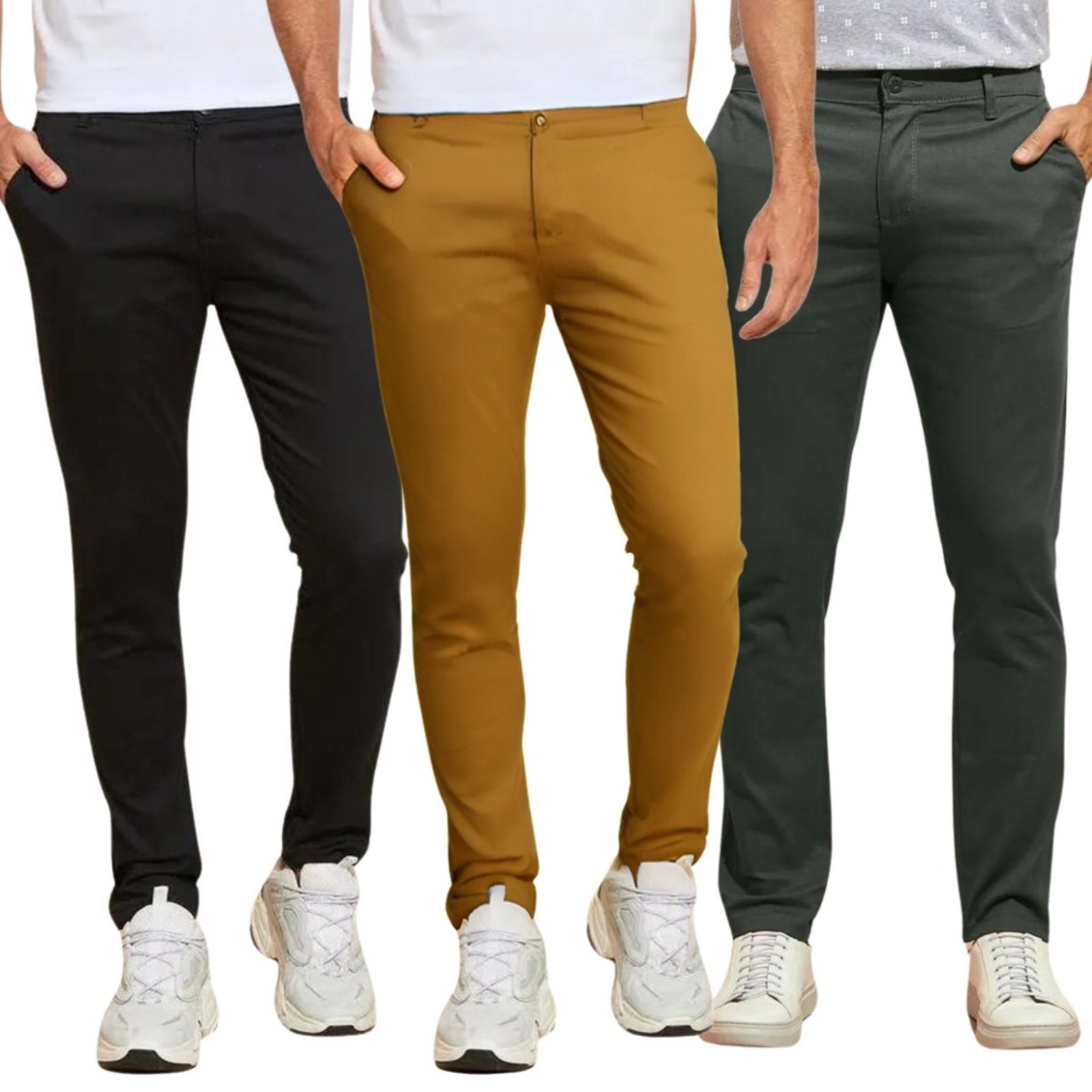 Kit 3 Calças FMF de Sarja Chino Com Bolso Traseiro Embutido Alfaiataria Skinny