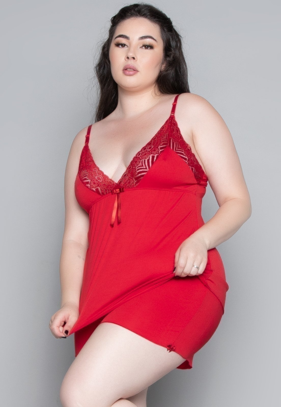 Baby Doll Plus Size Bella Fiore Modas Liganete e Renda Com Decote Sensual Vermelho
