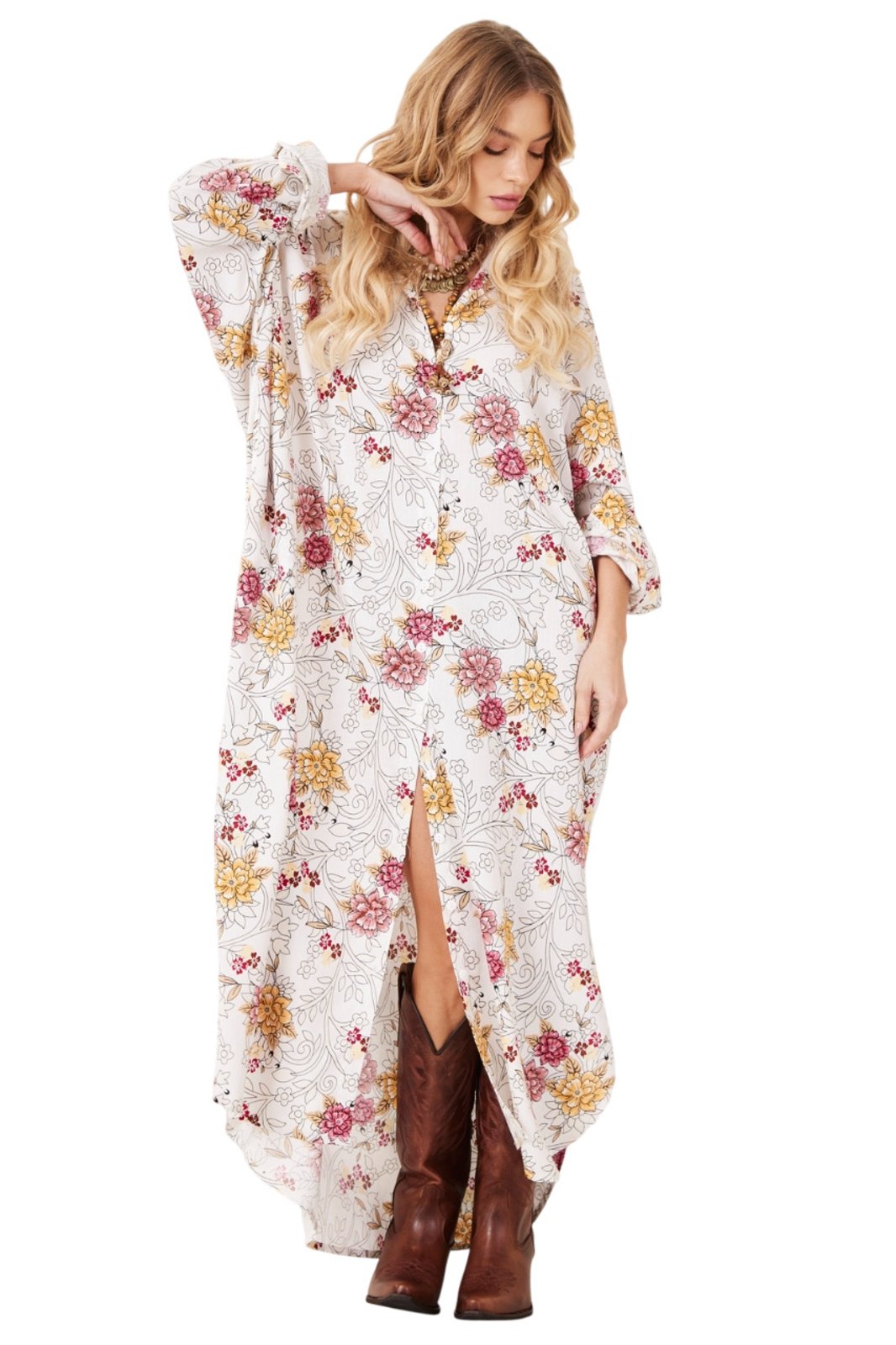 Chemise Longo Amplo Off White Estampa Floral Yacamim N2 – Estampado