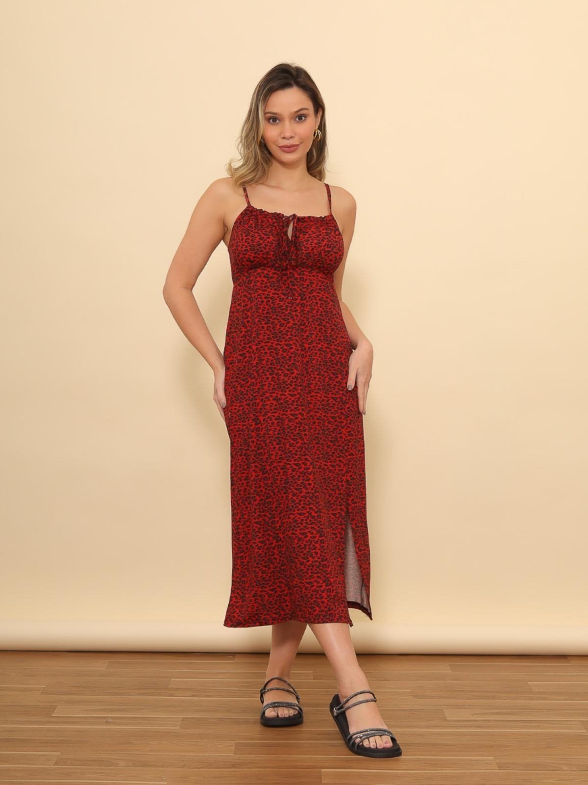 Vestido Roberta Alças Onça Vermelho