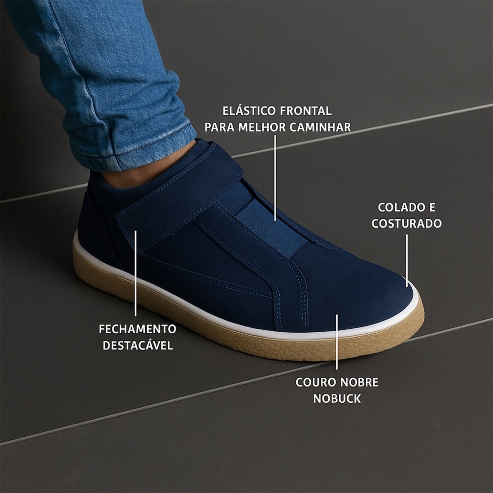 Vista 3 Tênis Masculino Cano Alto Em Couro Legítimo Sola Borracha Conforto Casual Marinho super shoes azul marinho super shoes azul marinho